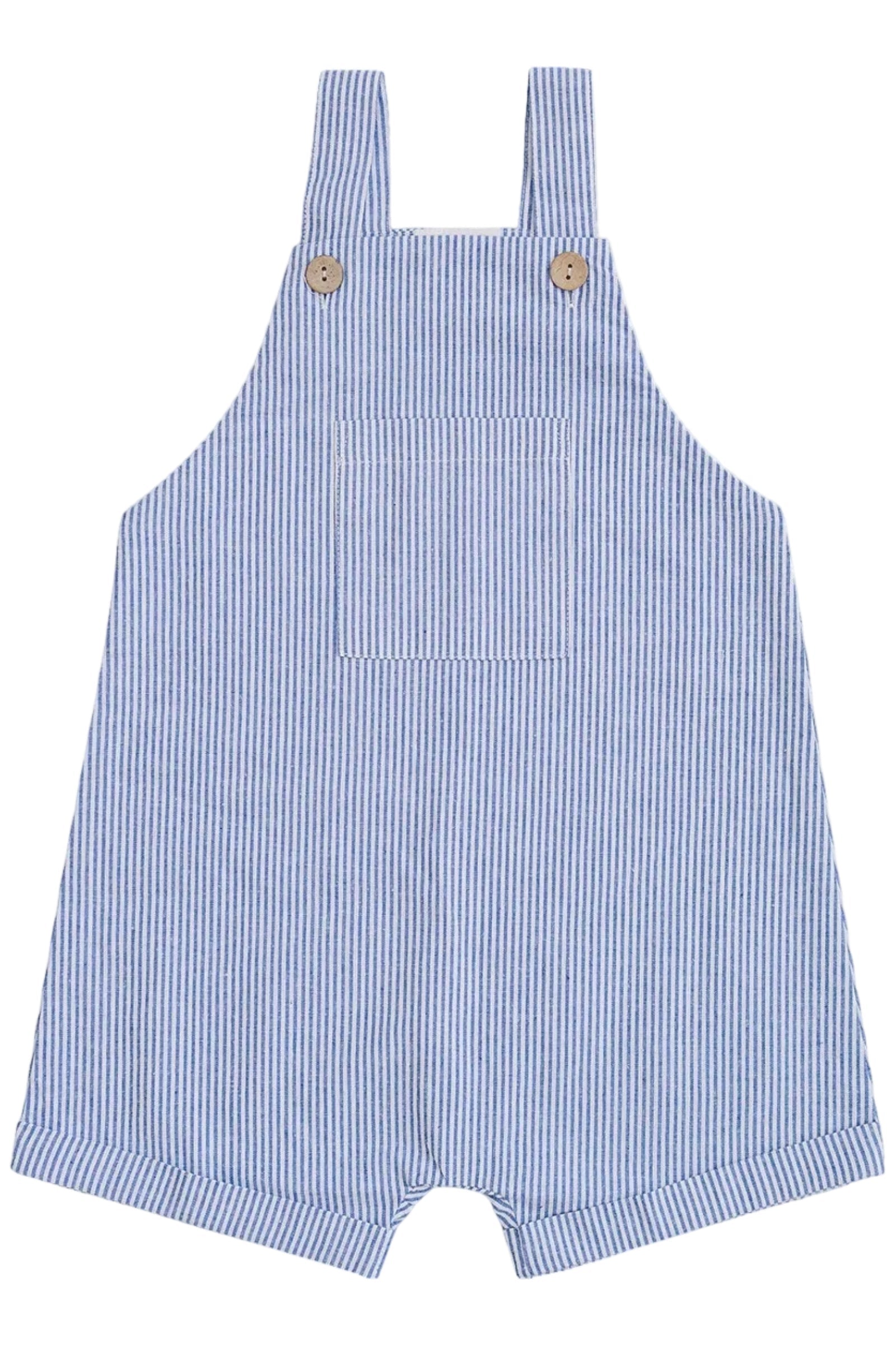 Cotton/Linen Blue Stripe Short Overalls for Baby Boys