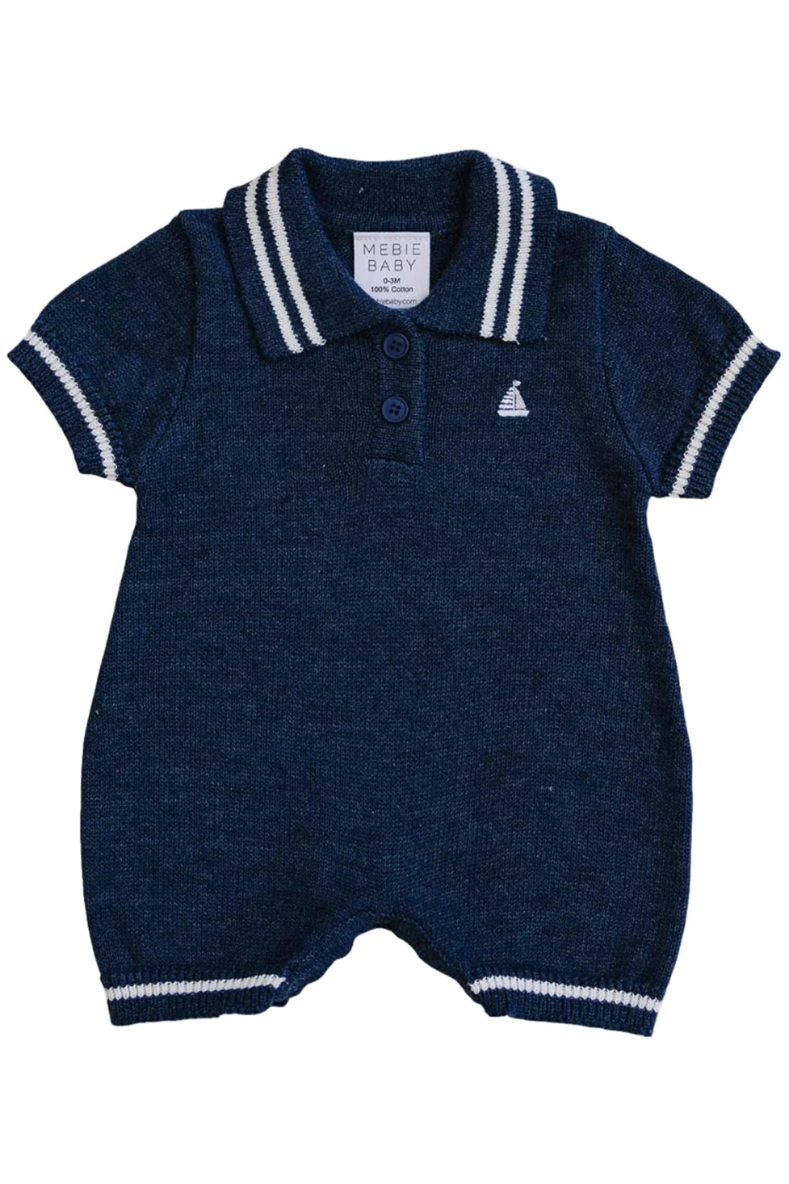 Collared Sailboat Knit Short Romper for Baby Boys, Navy, Cotton