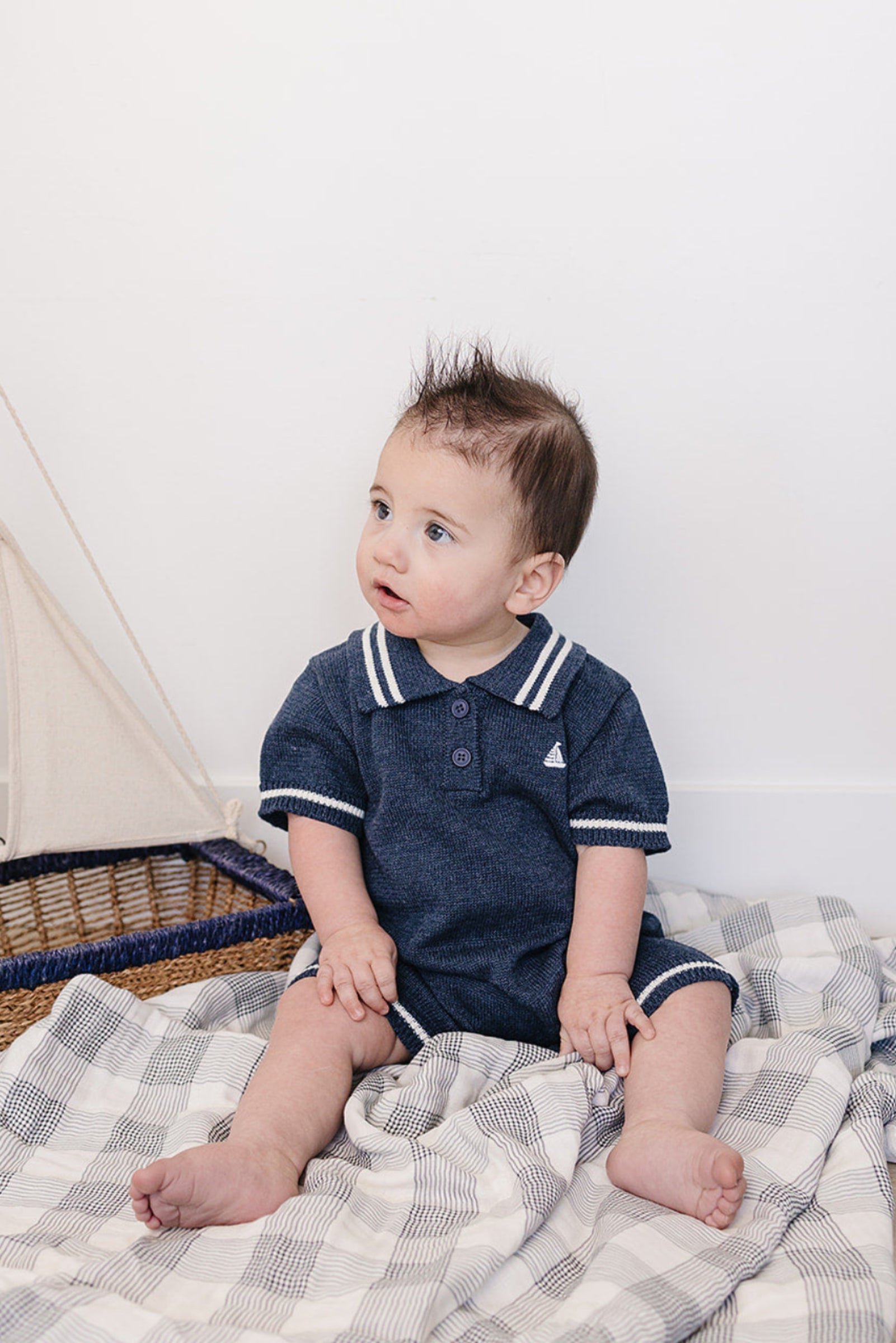 Collared Sailboat Knit Short Romper for Baby Boys, Navy, Cotton