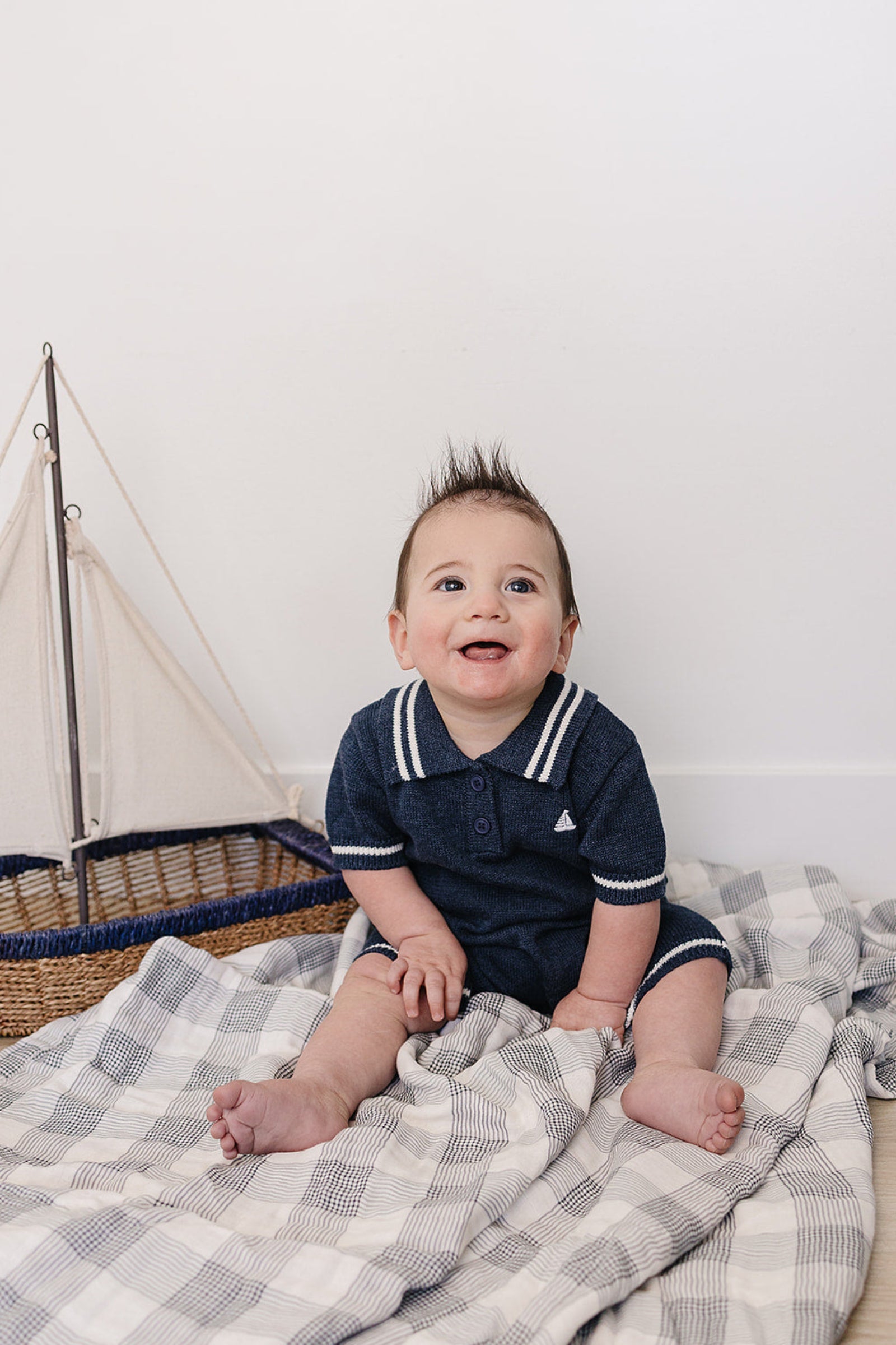 Collared Sailboat Knit Short Romper for Baby Boys, Navy, Cotton