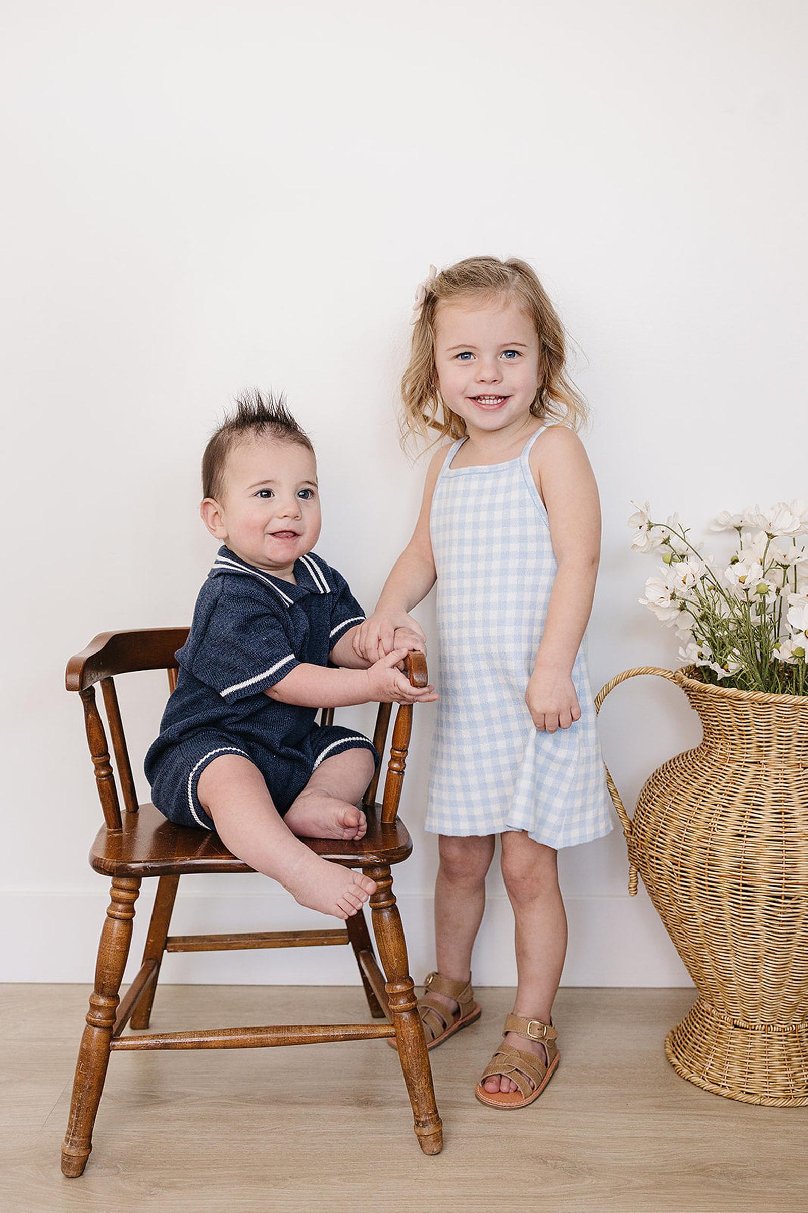 Cotton Blue Knit Gingham Dress, Baby - Kids