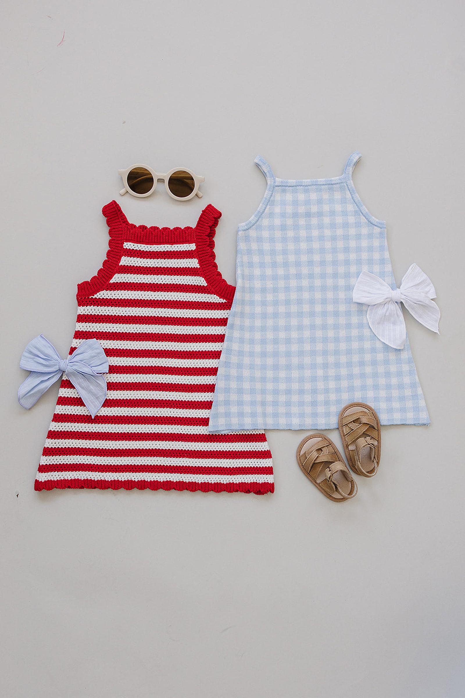 Cotton Blue Knit Gingham Dress, Baby - Kids