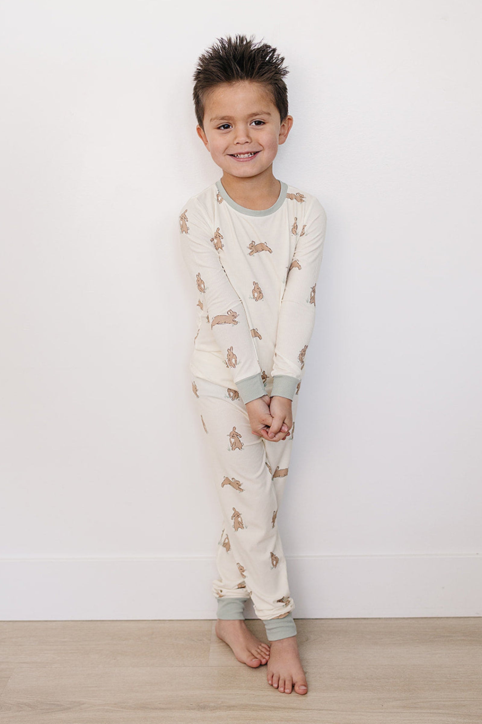 Bunny Ribbed Bamboo Cozy Pajama Set, Light Green, Toddler & Kids