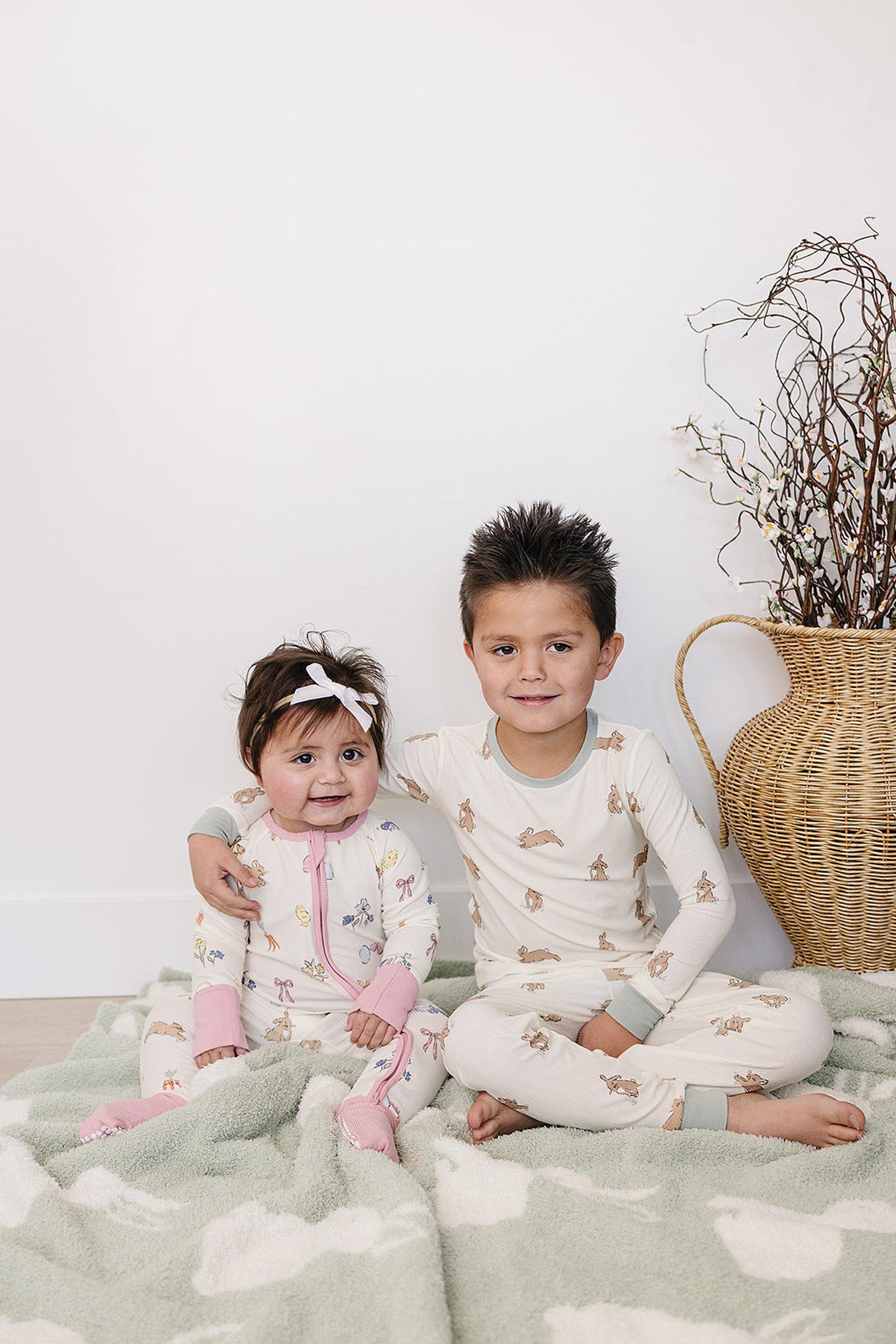 Bunny Ribbed Bamboo Cozy Pajama Set, Light Green, Toddler & Kids