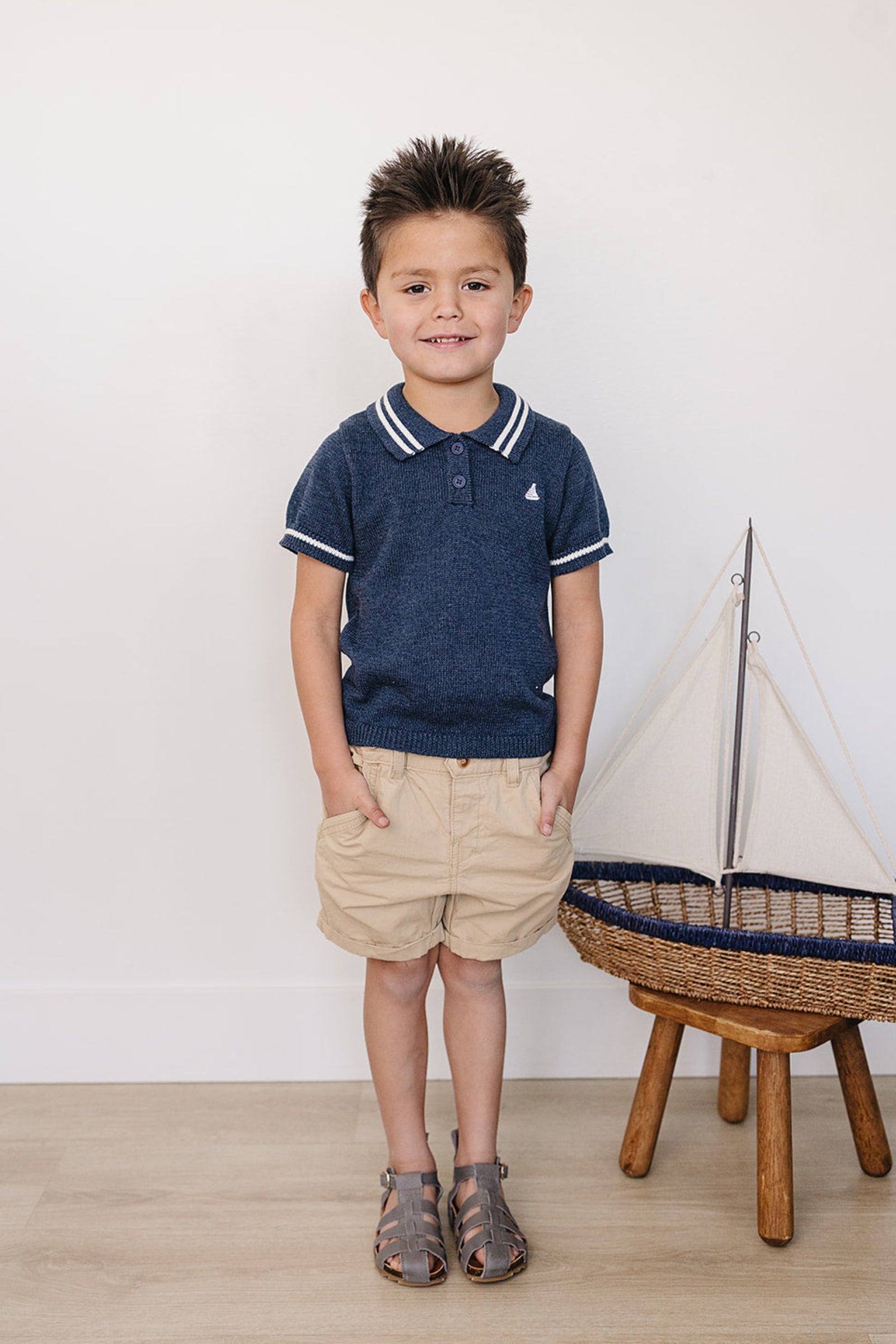 Cotton Collared Sailboat Knit Shirt for Boys, Navy, Toddler & Kids
