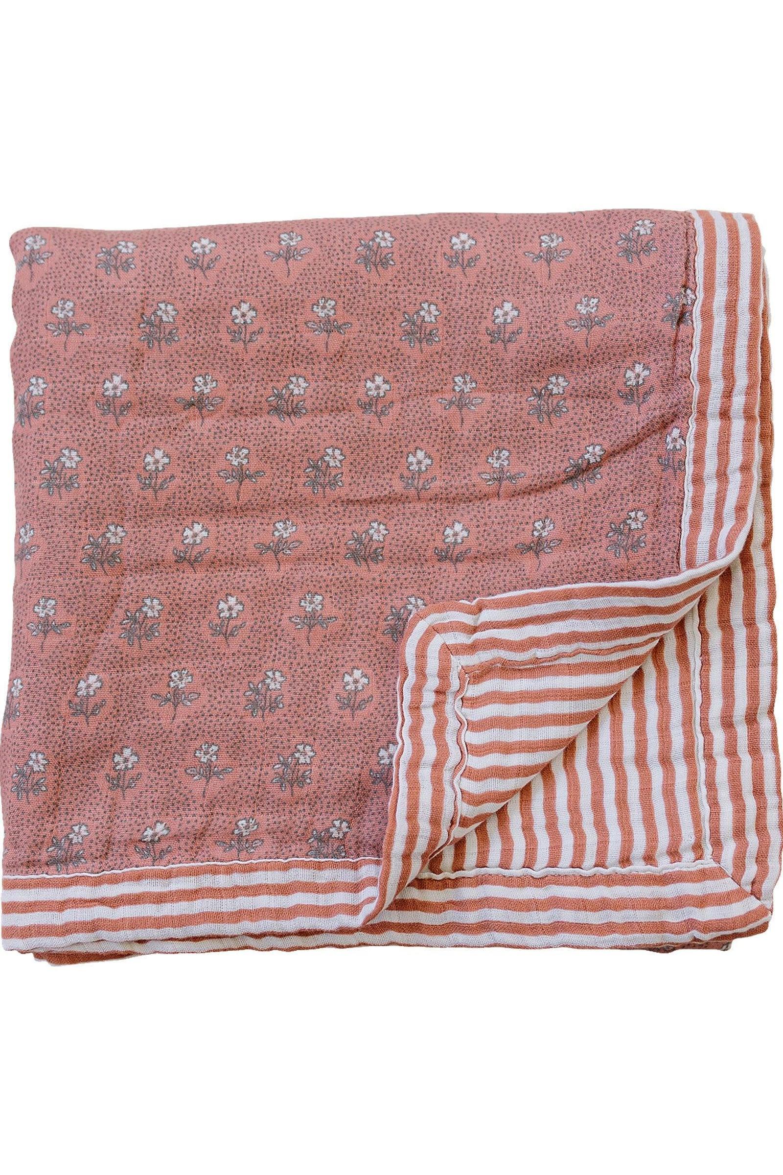 Vintage Pink Floral + Pink Stripes Lightweight Muslin Crib Quilt, 100% Cotton, Baby Essentials