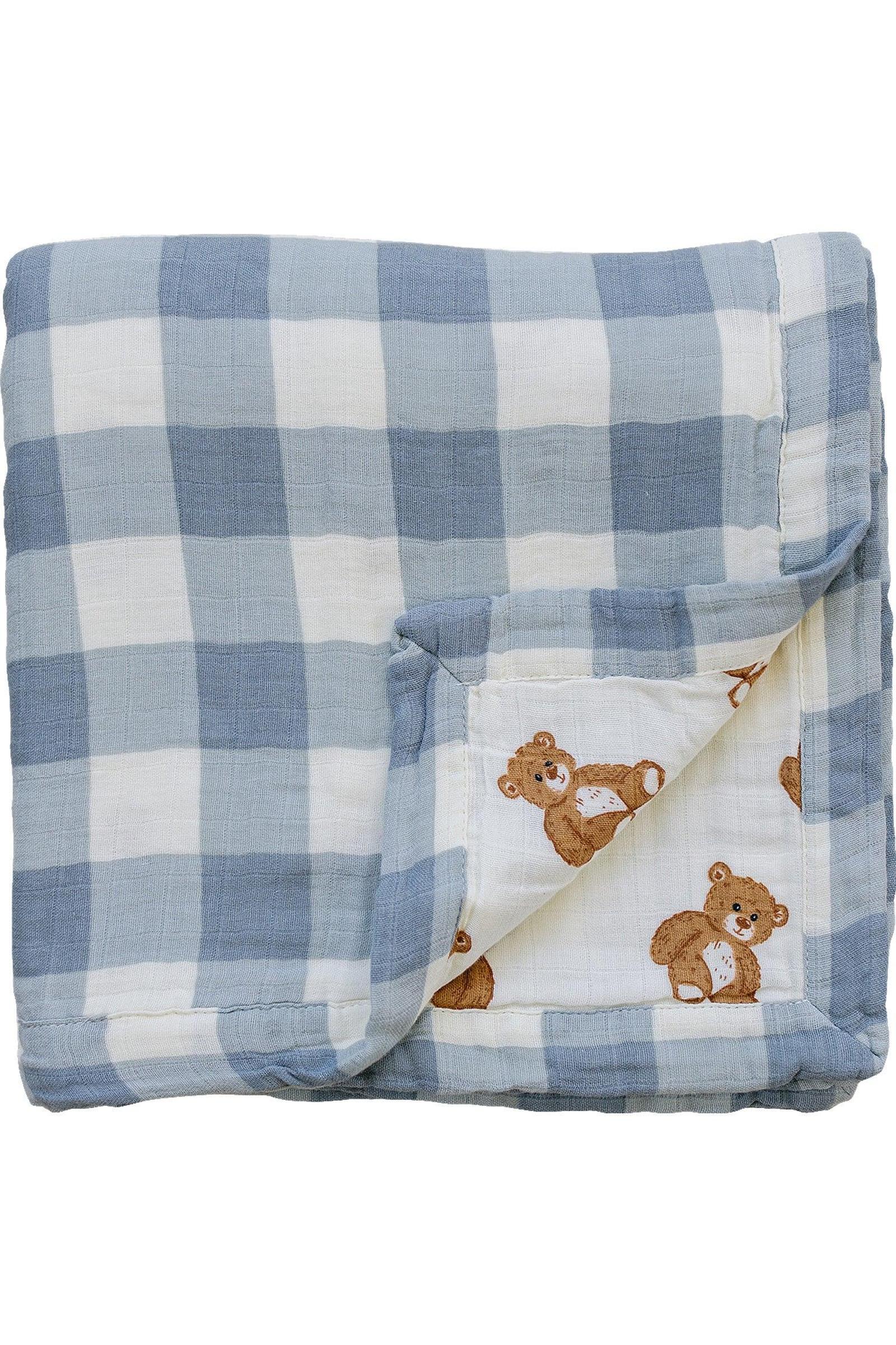 Dusty Blue Gingham + Teddy Bear Lightweight Muslin Crib Quilt, 100% Cotton, Baby Essentials