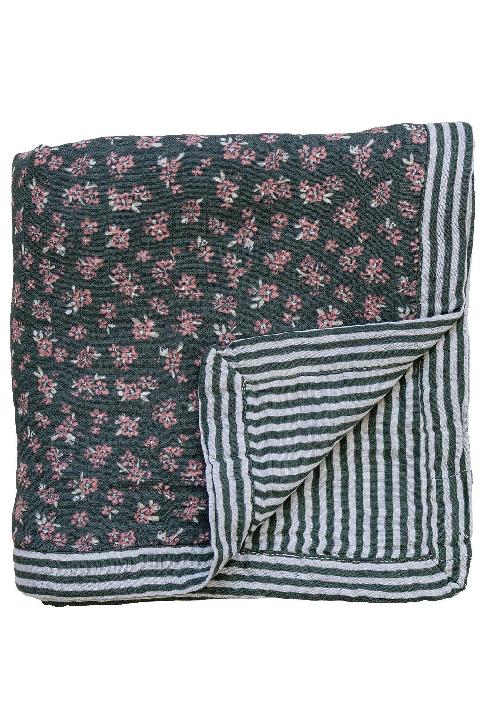 Olive Bloom + Green Stripes Lightweight Muslin Crib Quilt, 100% Cotton, Baby Essentials
