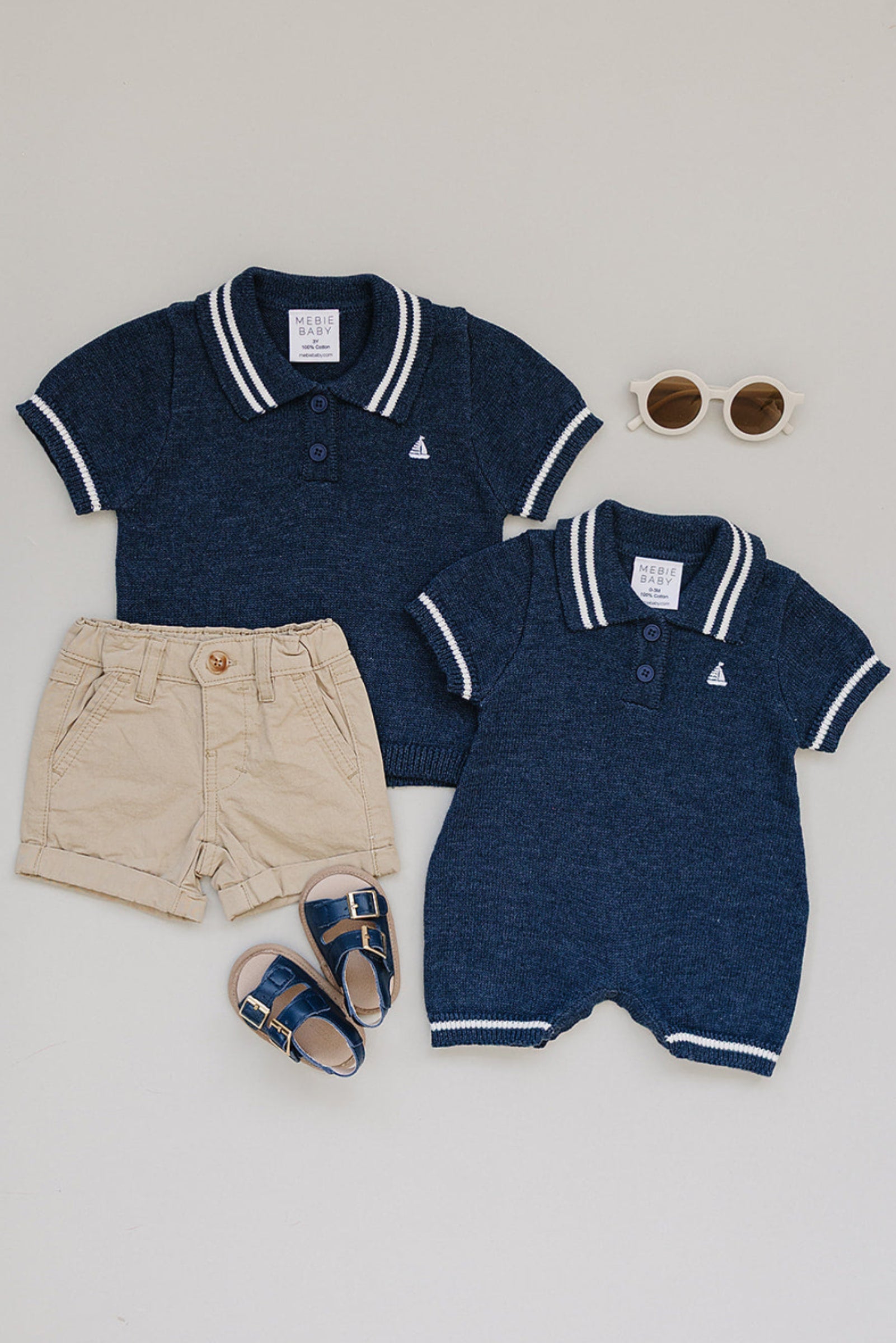 Collared Sailboat Knit Short Romper for Baby Boys, Navy, Cotton