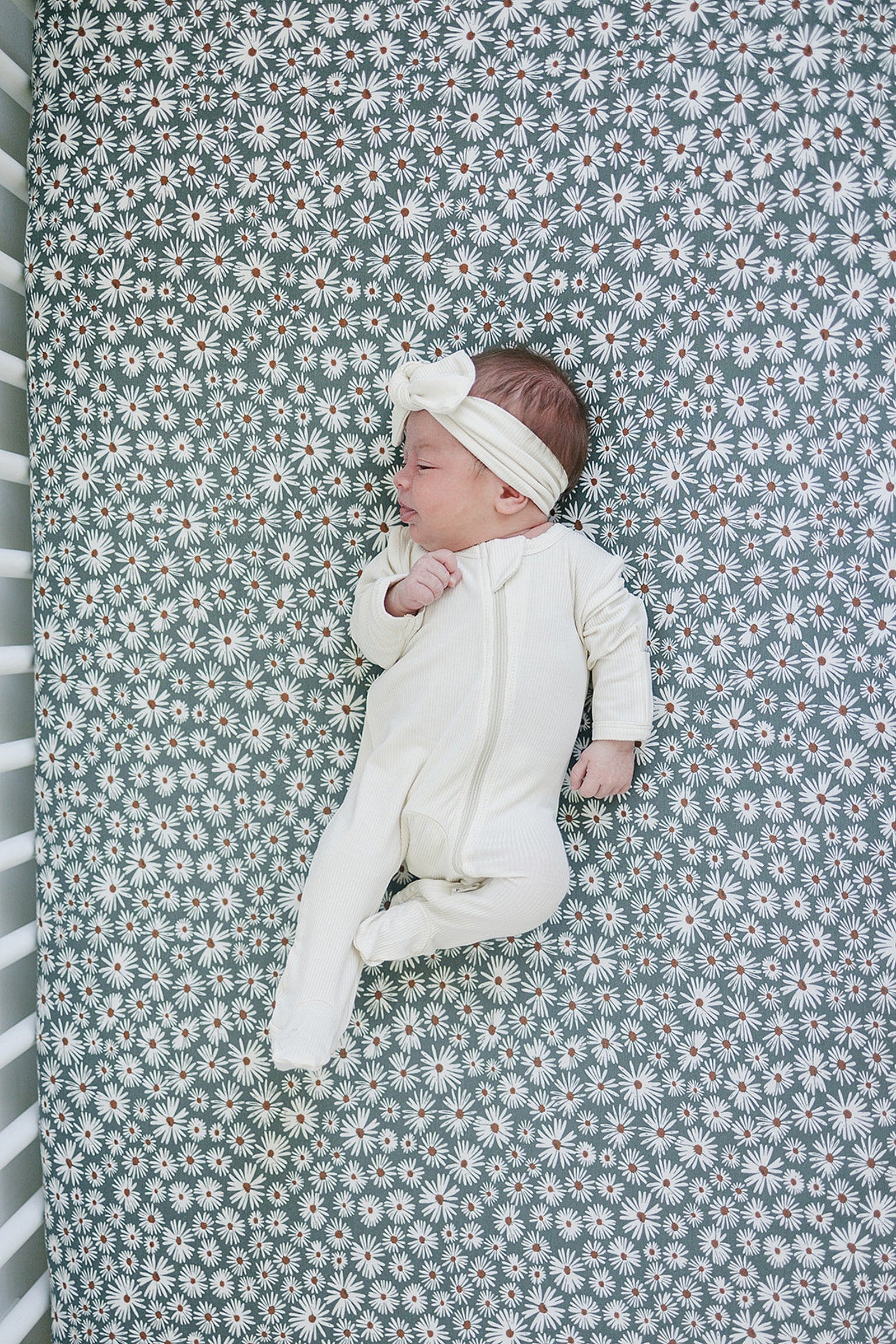 Dark Green Daisy Stretch Crib Sheet, Bamboo, Baby Essentials