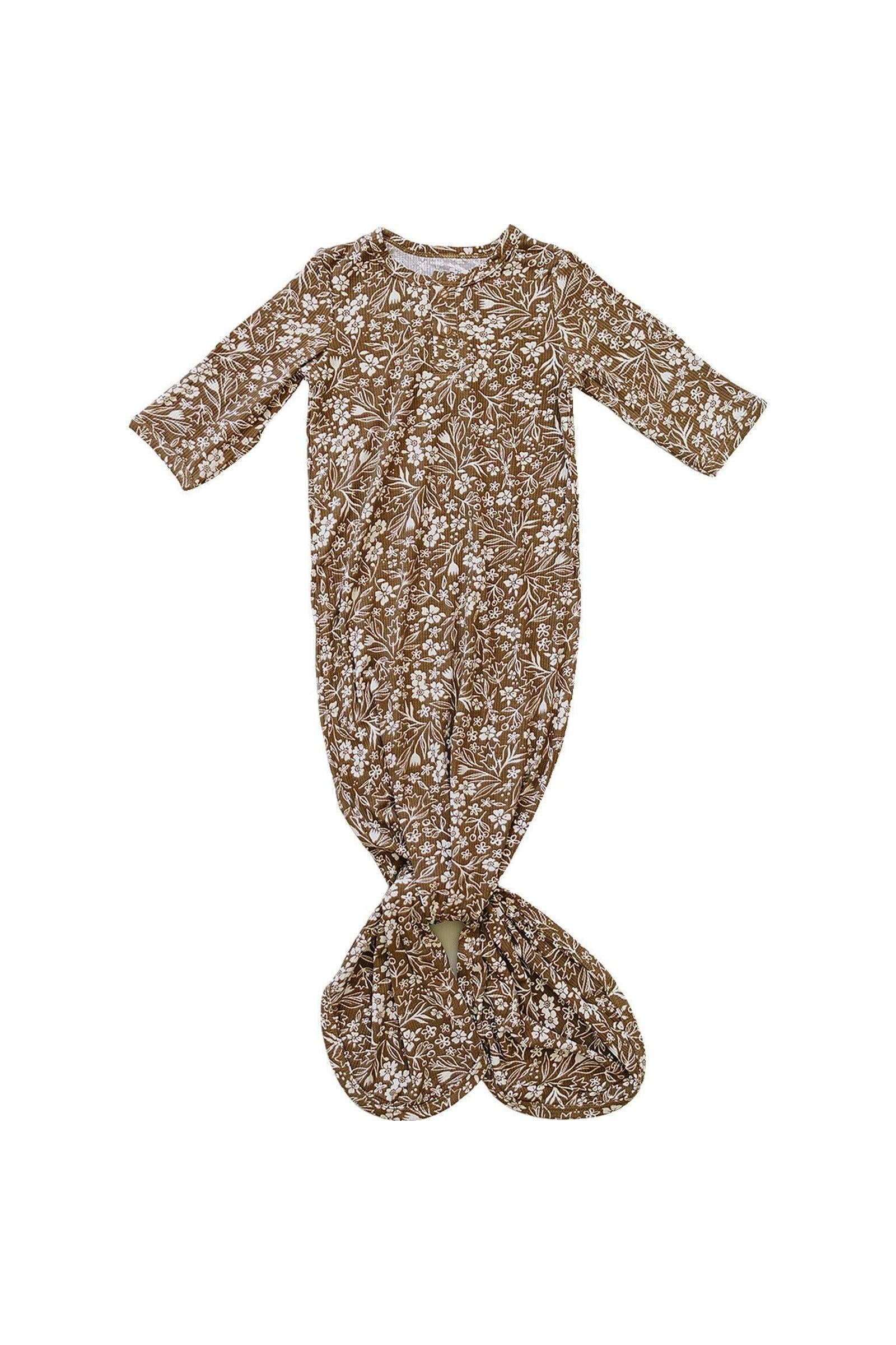 Brown Floral Ribbed Knot Gown, Bamboo, Baby