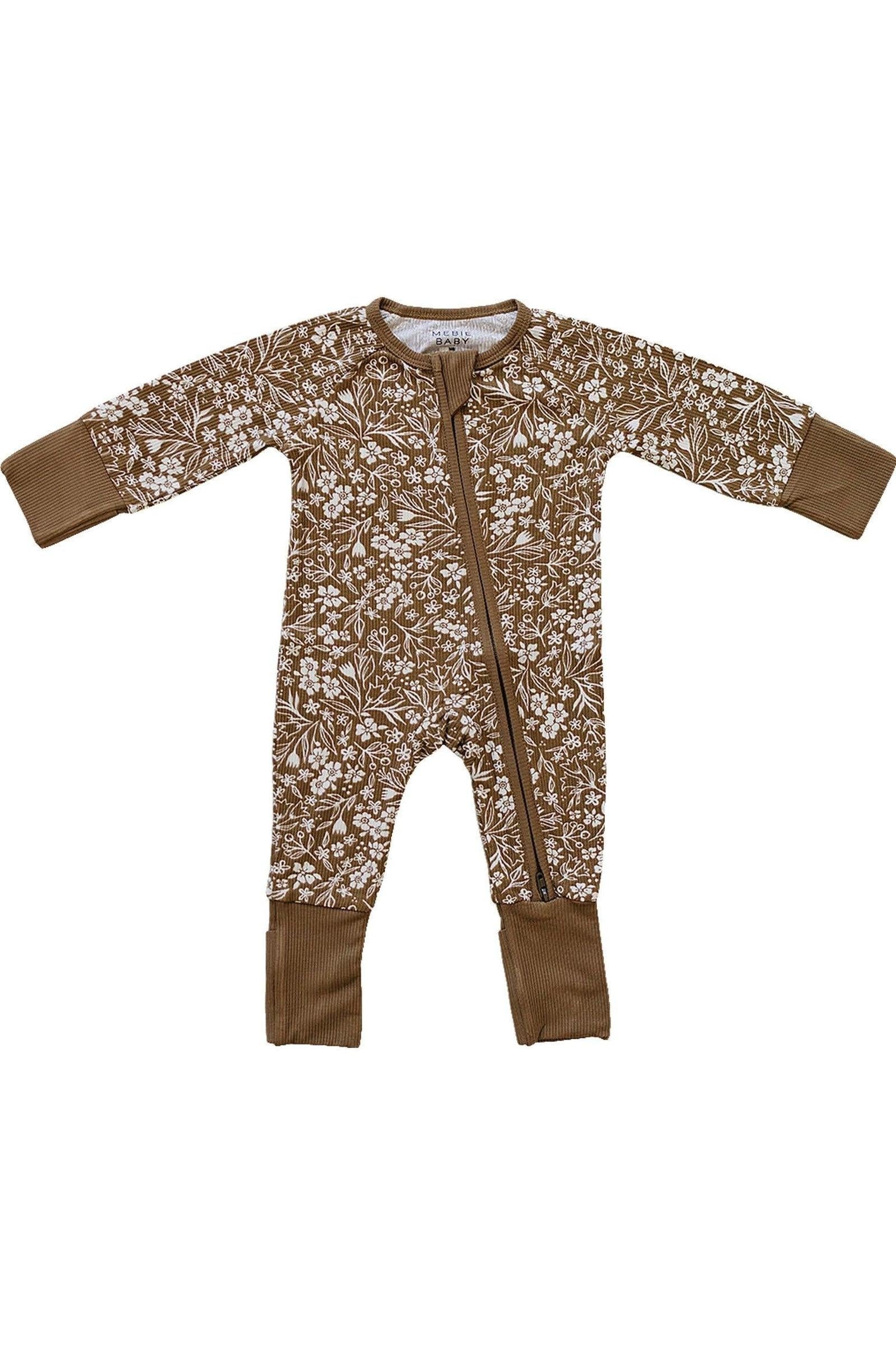 Brown Floral Ribbed Zipper Pajama | Bamboo