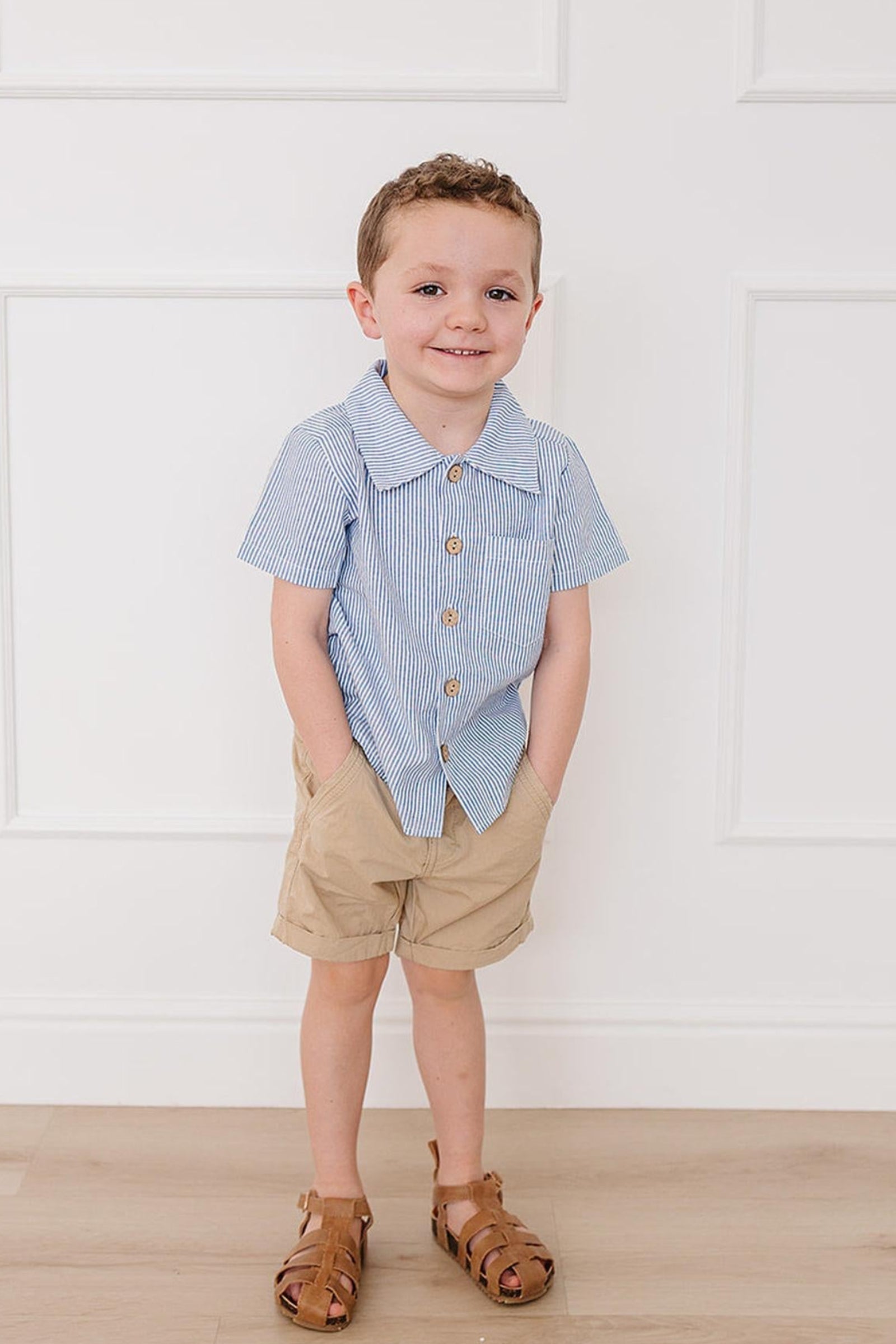 Cotton Blue Stripe Button Up Pocket Shirt, Toddler & Kids