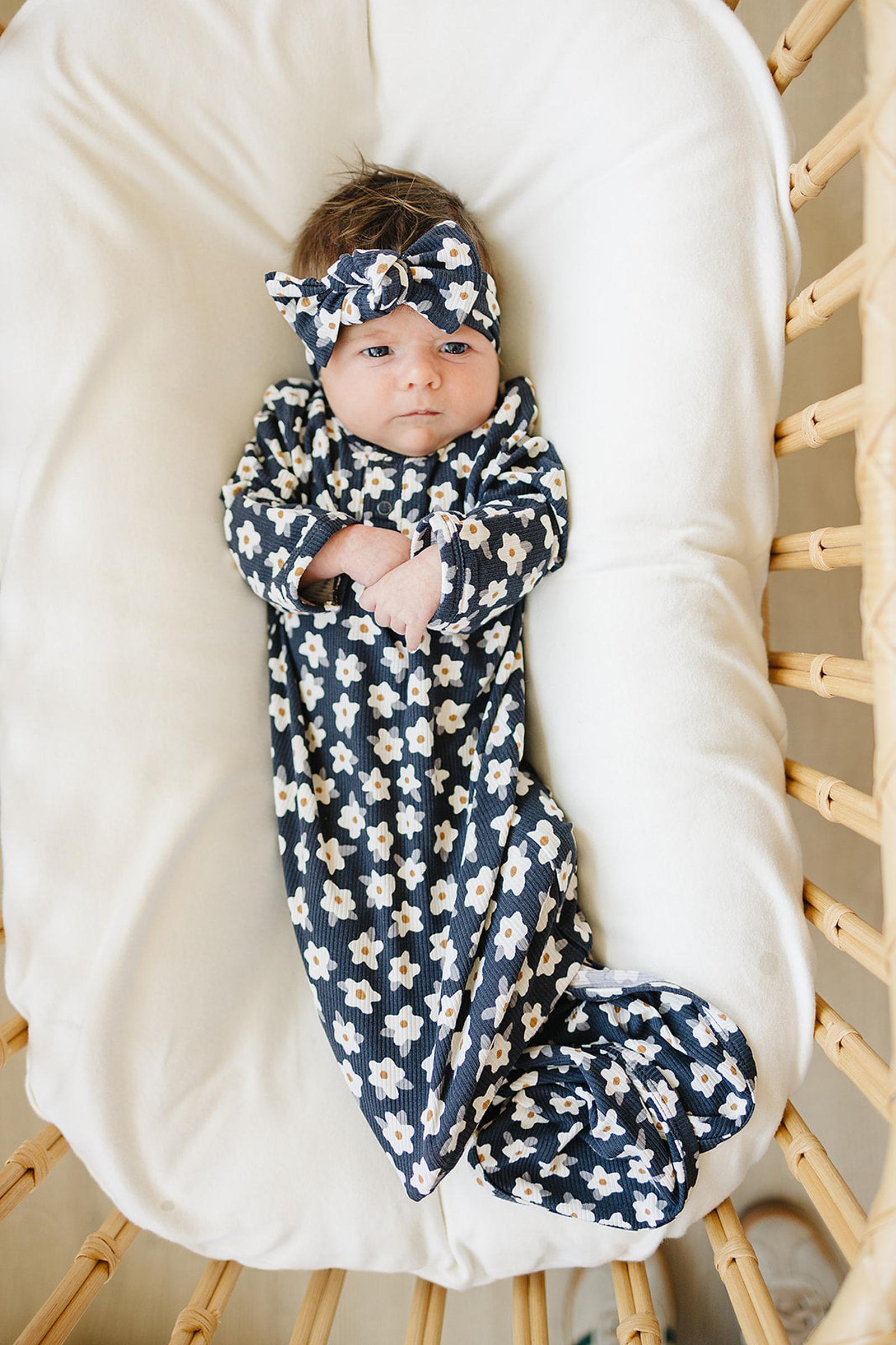 Navy Daisy Ribbed Knot Gown, Bamboo, Baby Essentials