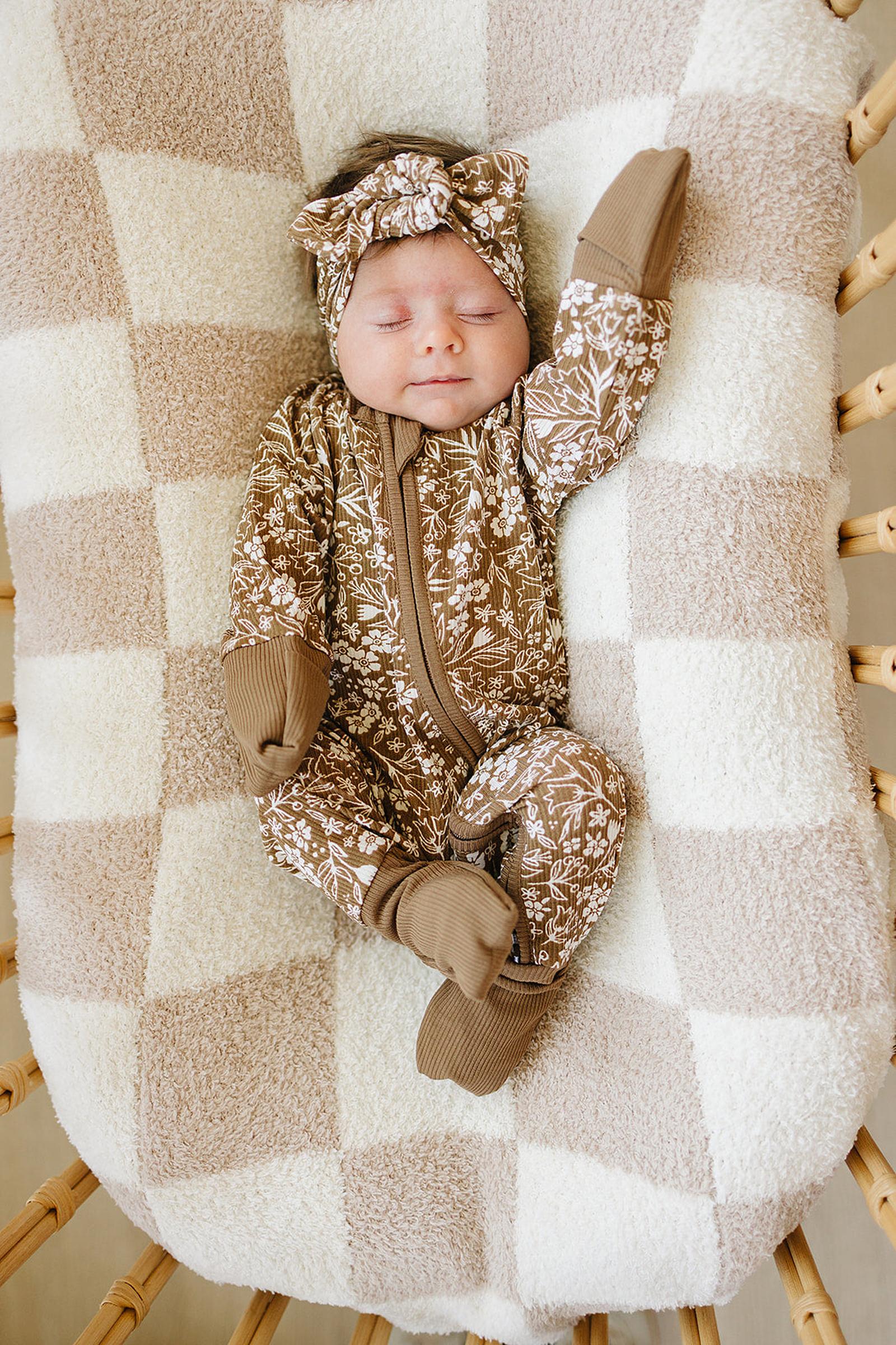 Brown Floral Ribbed Head Wrap, Bamboo, Baby
