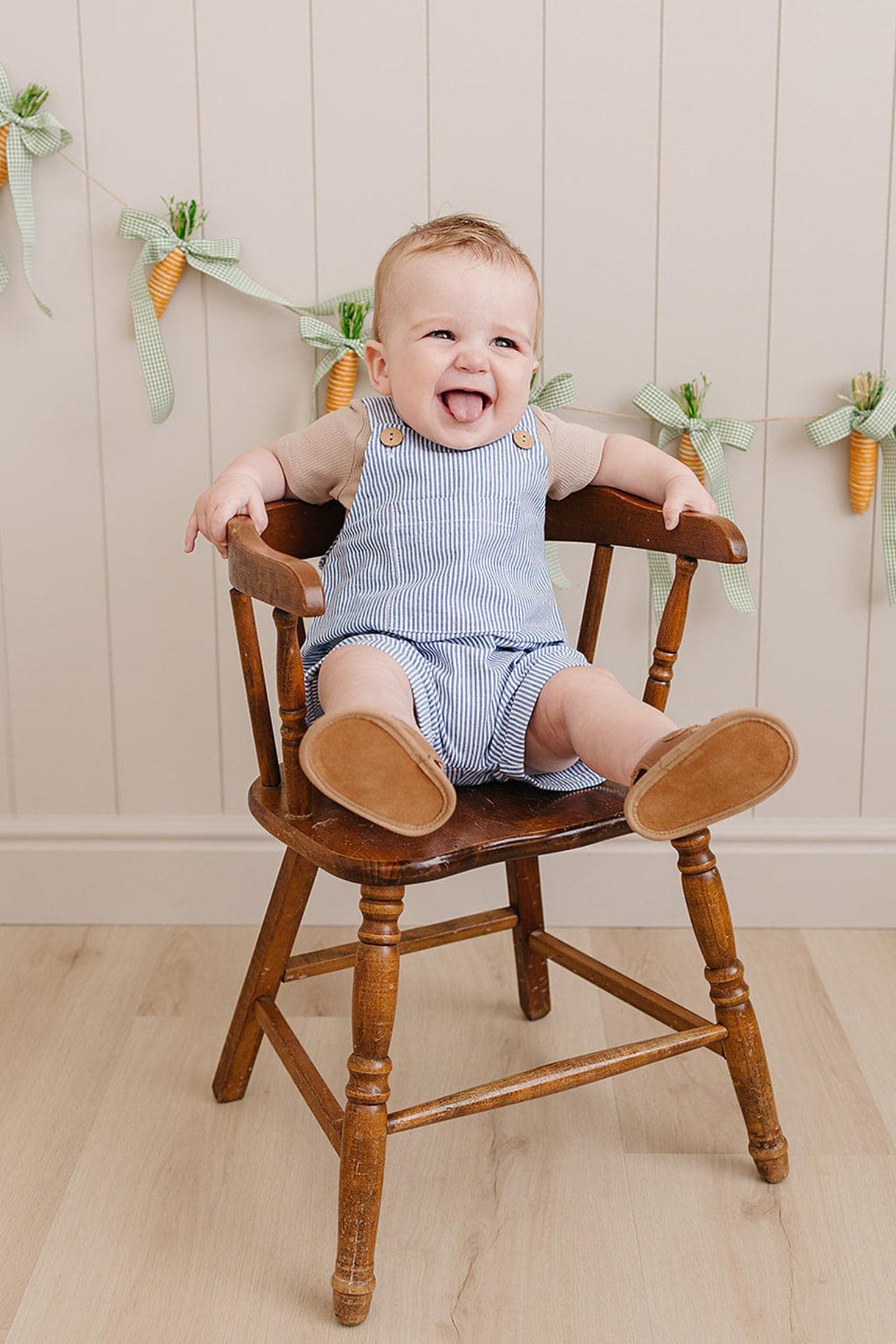 Cotton/Linen Blue Stripe Short Overalls for Baby Boys