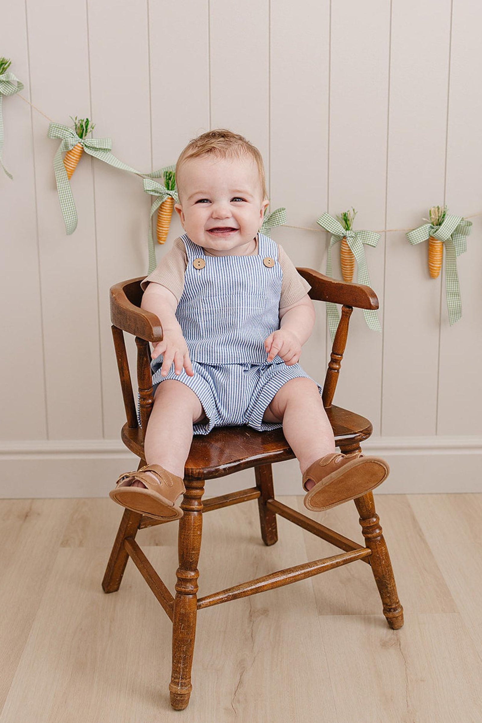 Cotton/Linen Blue Stripe Short Overalls for Baby Boys