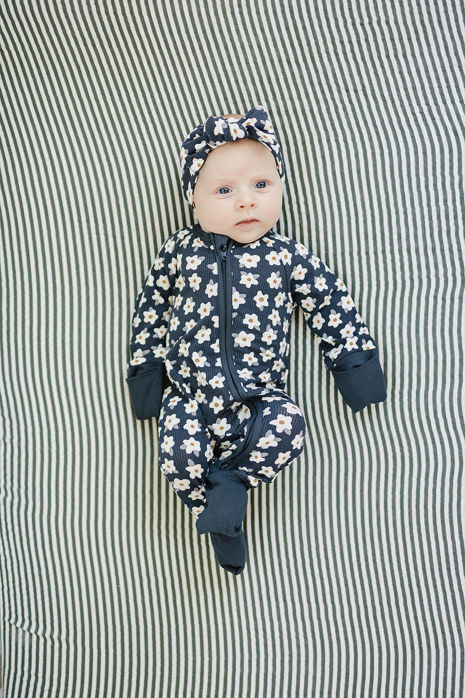 Navy Daisy Ribbed Zipper Pajama, Bamboo Essentials, Baby