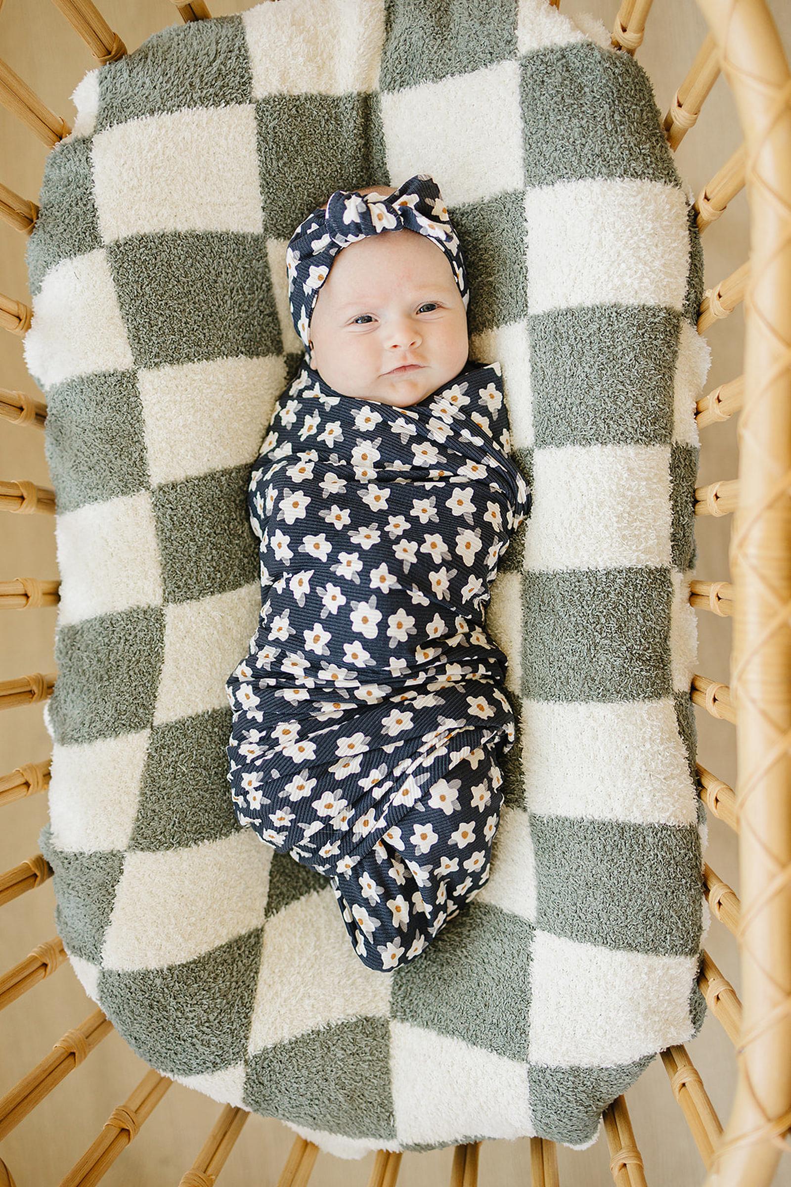 Navy Daisy Ribbed Head Wrap, Bamboo, Baby