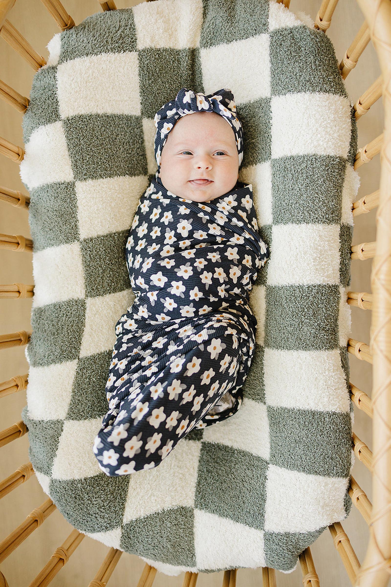 Navy Daisy Ribbed Stretch Swaddle, Bamboo, Baby Essentials