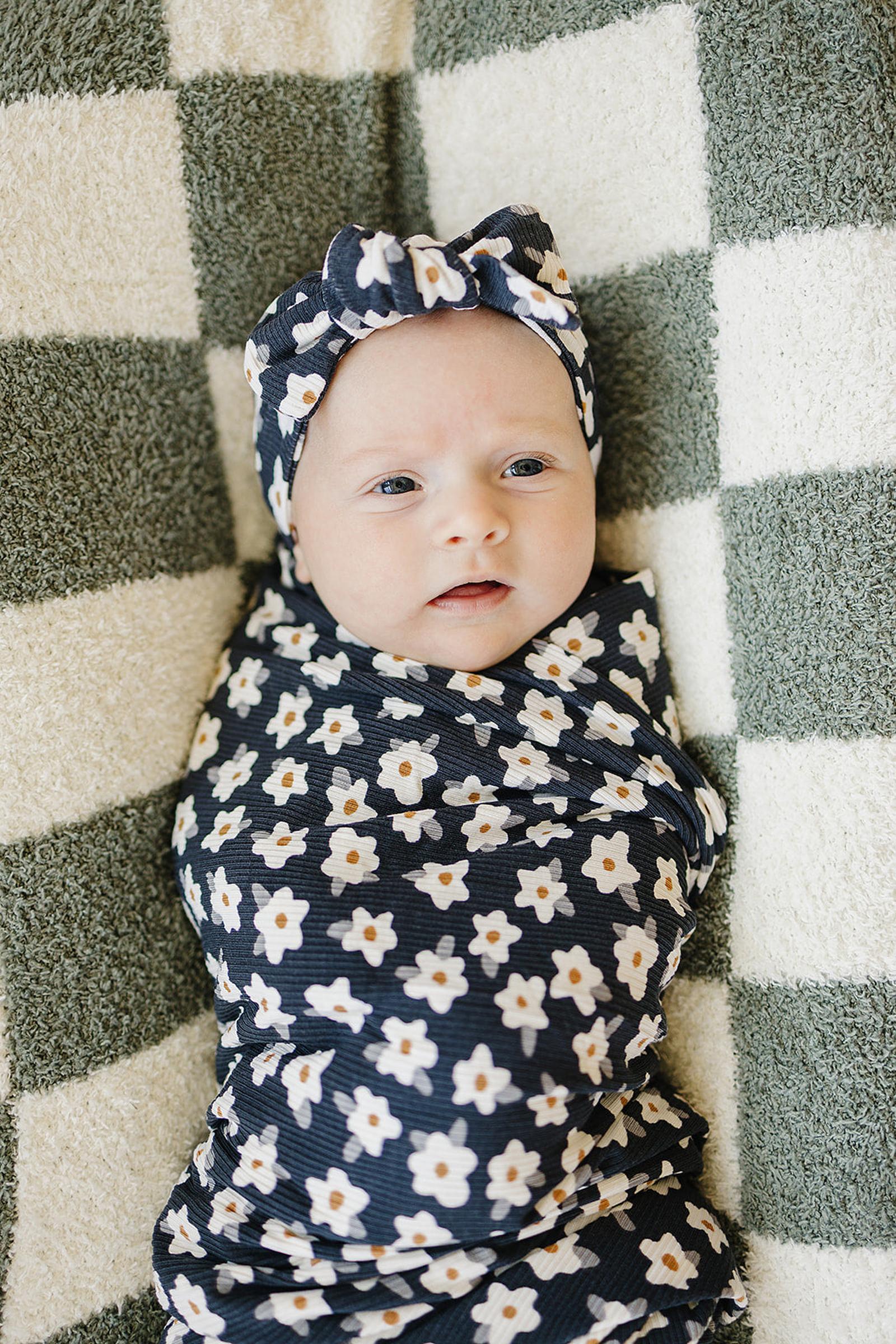 Navy Daisy Ribbed Stretch Swaddle, Bamboo, Baby Essentials