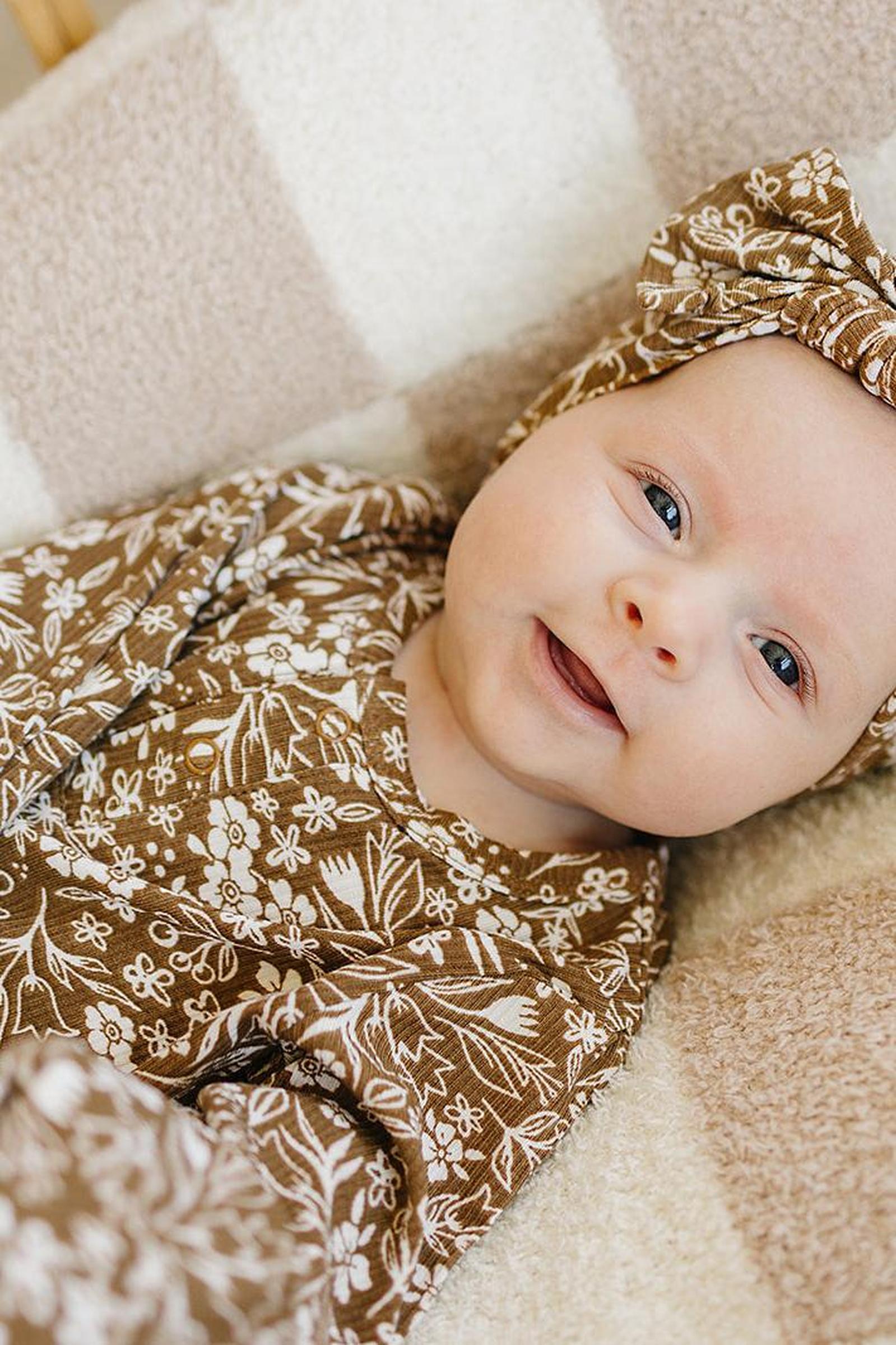 Brown Floral Ribbed Knot Gown, Bamboo, Baby