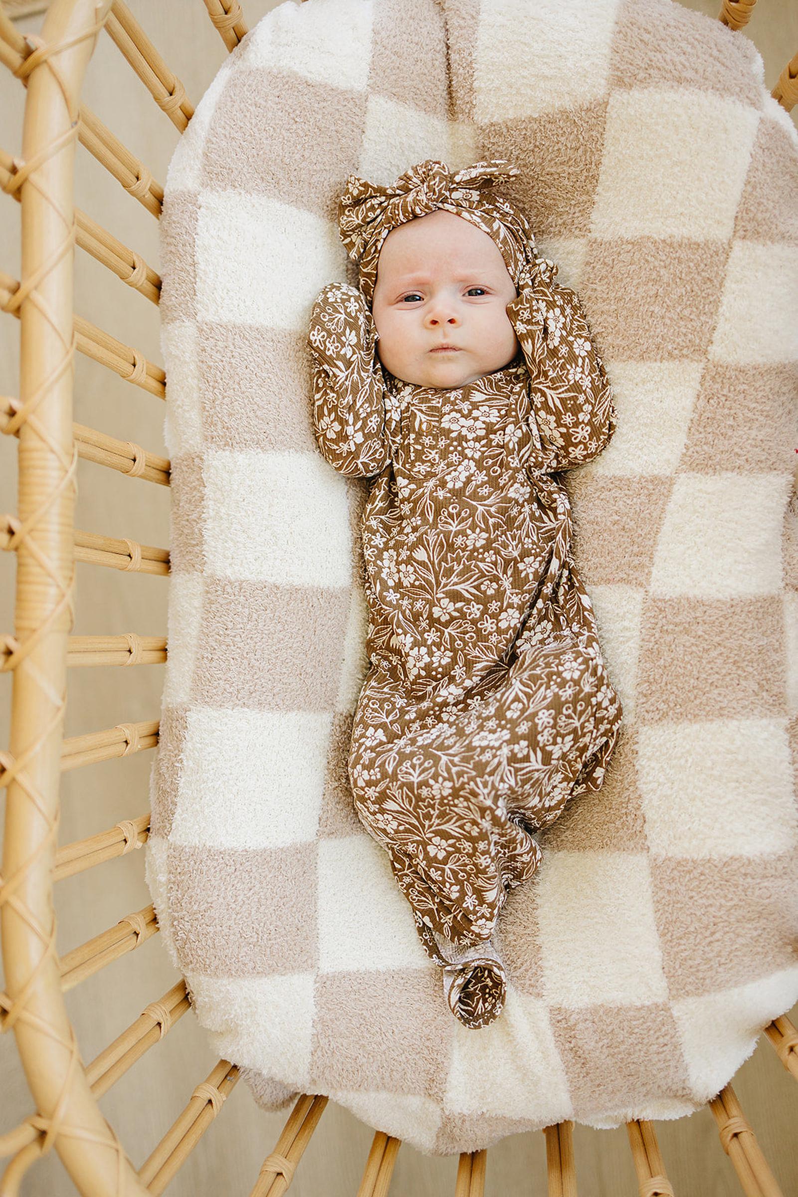 Brown Floral Ribbed Knot Gown, Bamboo, Baby
