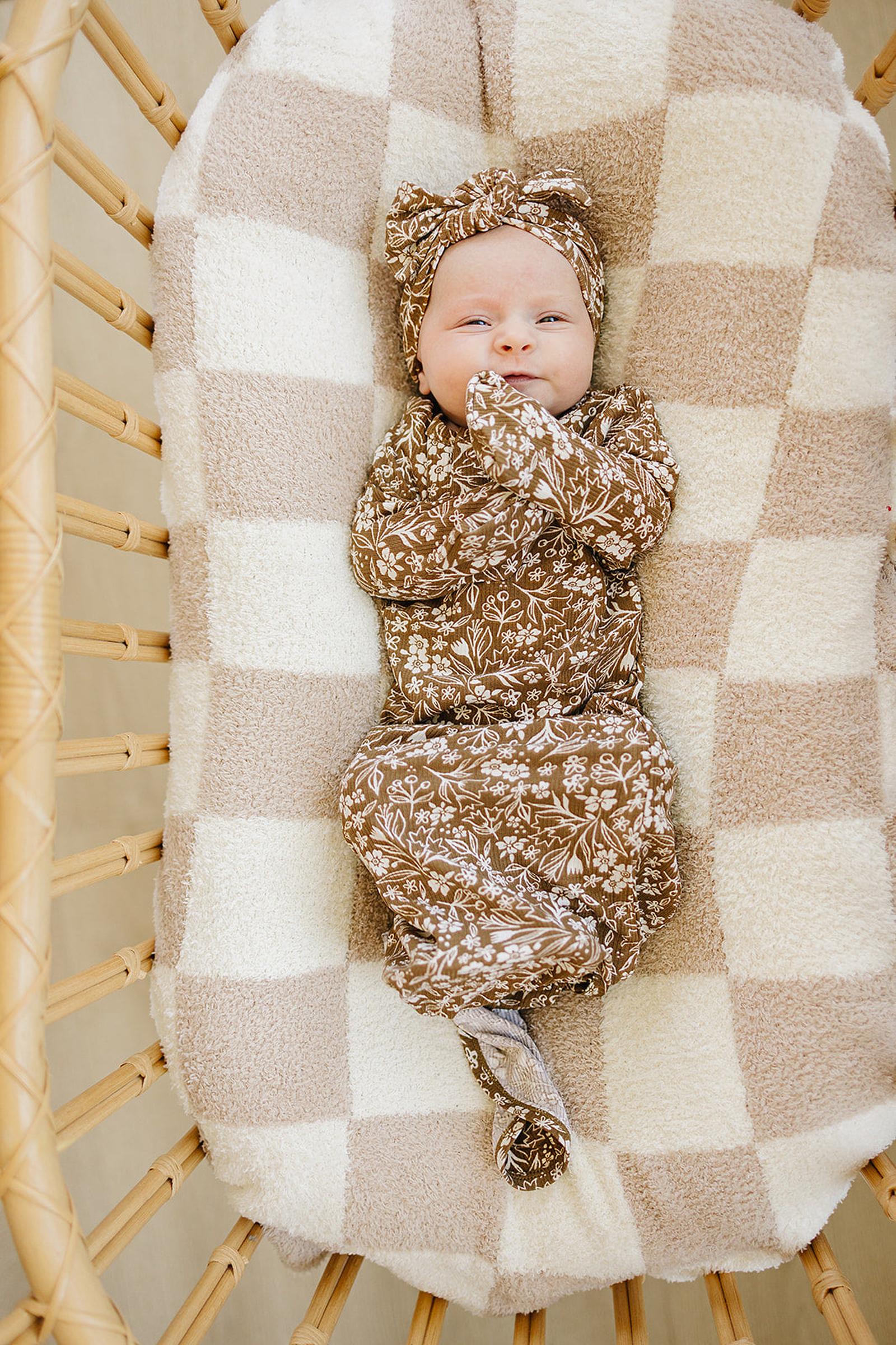 Brown Floral Ribbed Head Wrap, Bamboo, Baby