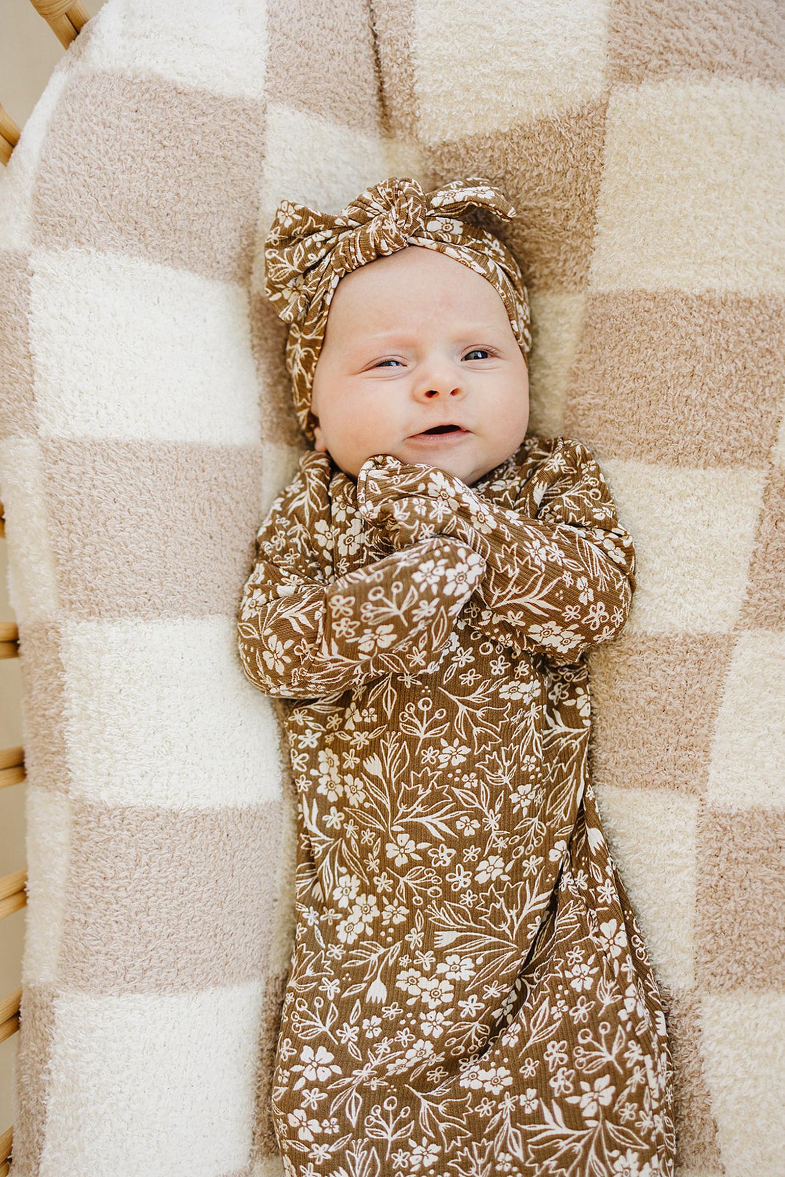 Brown Floral Ribbed Knot Gown, Bamboo, Baby