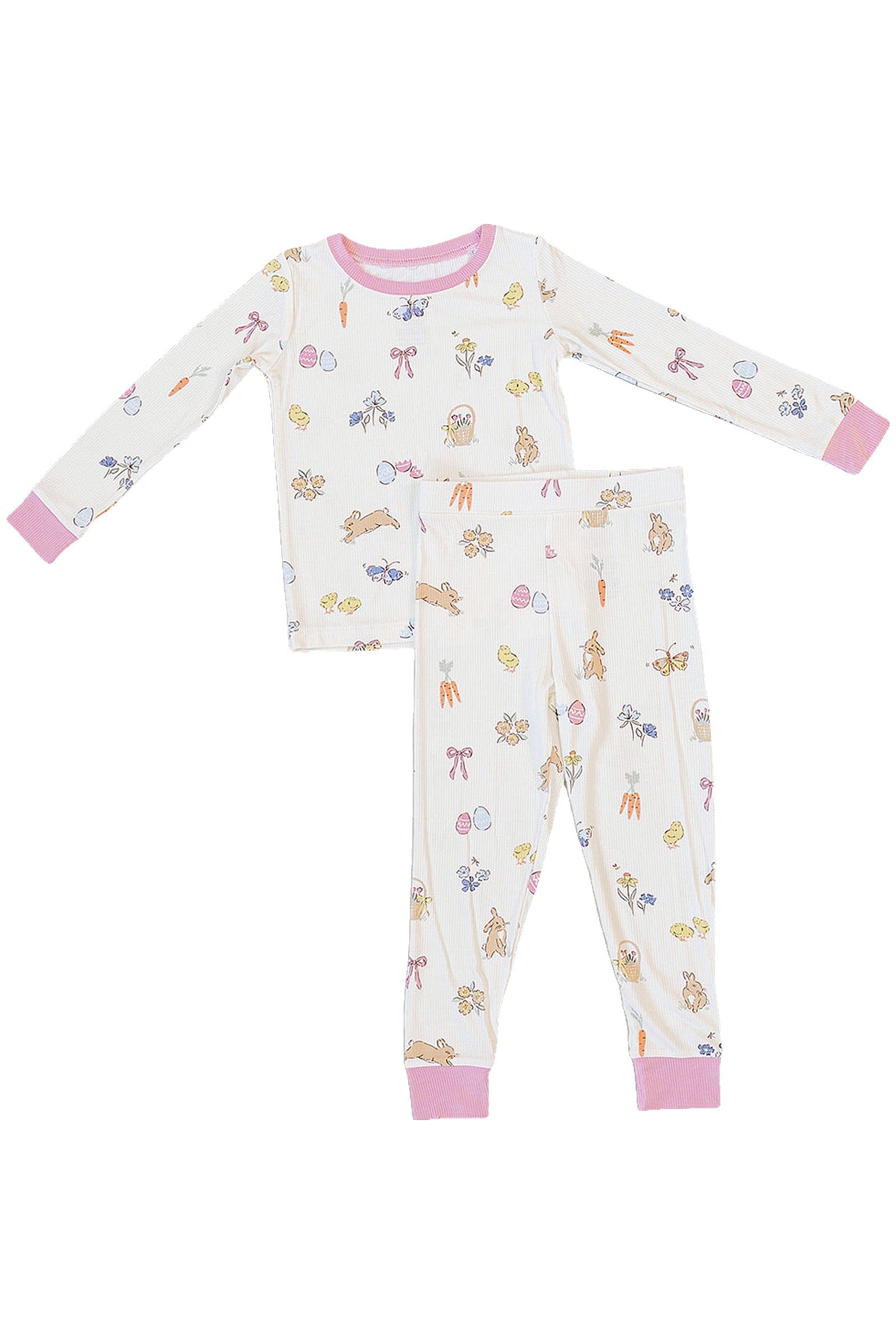 Pink Bunny Ribbed Bamboo Cozy Pajama Set for Girls, Sizes 2T-10