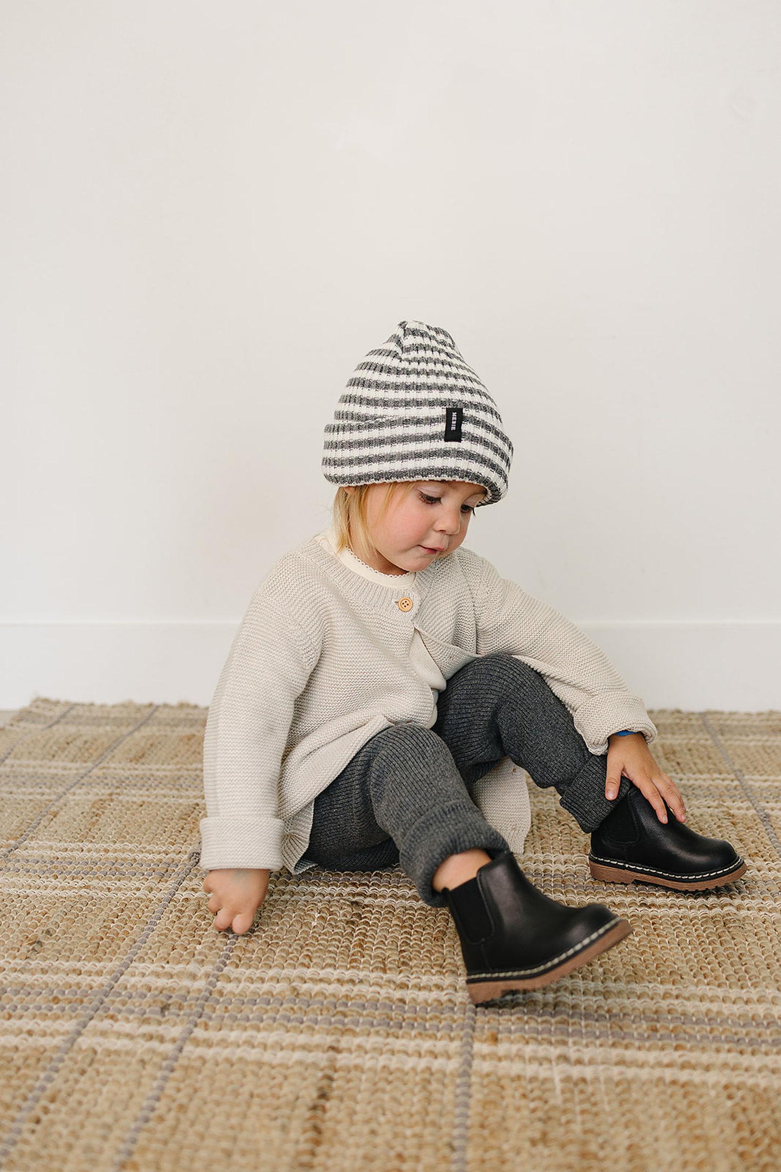 Grey & White Stripe Chunky Knit Beanie, 100% Angora Wool, Gender Neutral, Baby