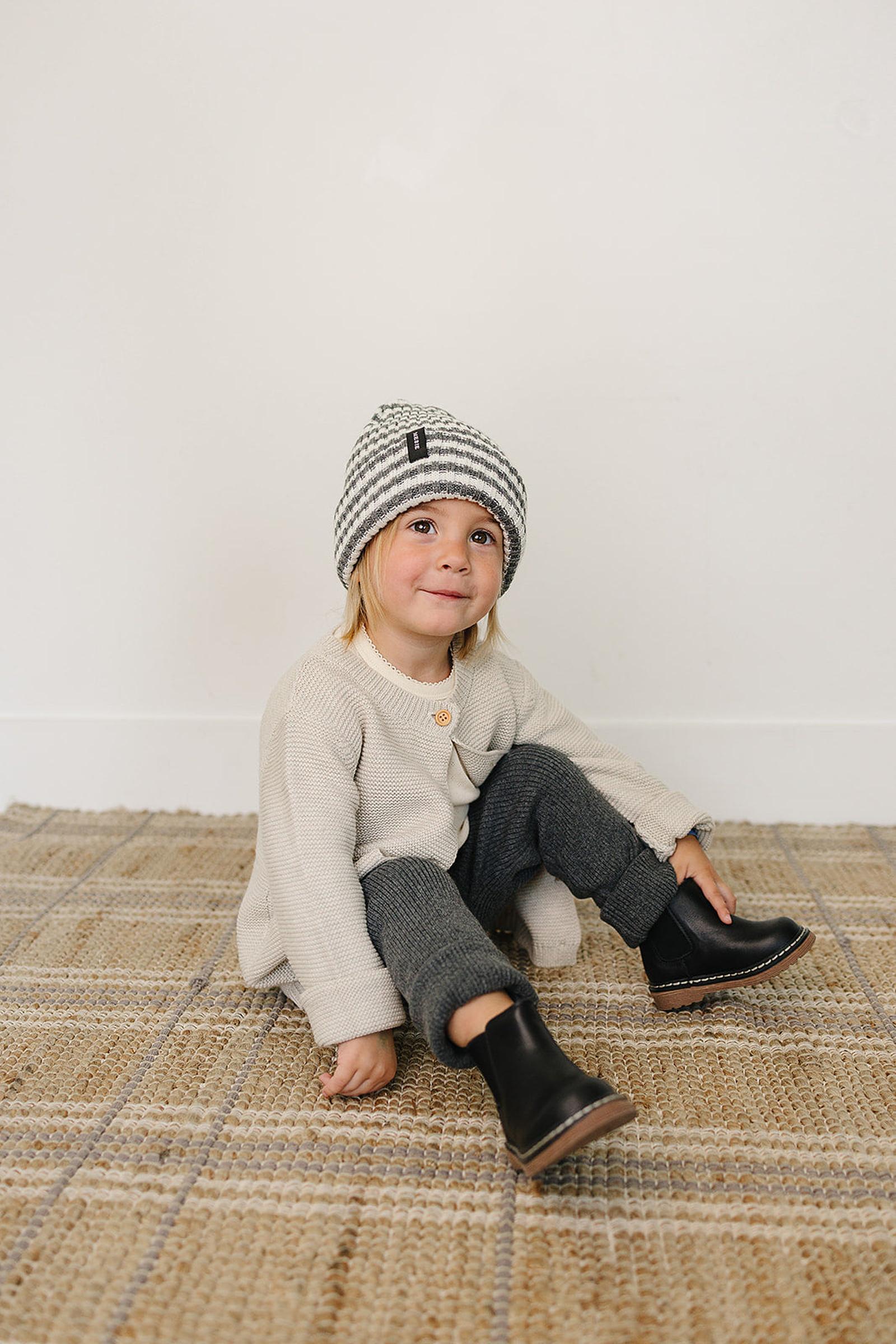 Grey & White Stripe Chunky Knit Beanie, 100% Angora Wool, Gender Neutral, Baby