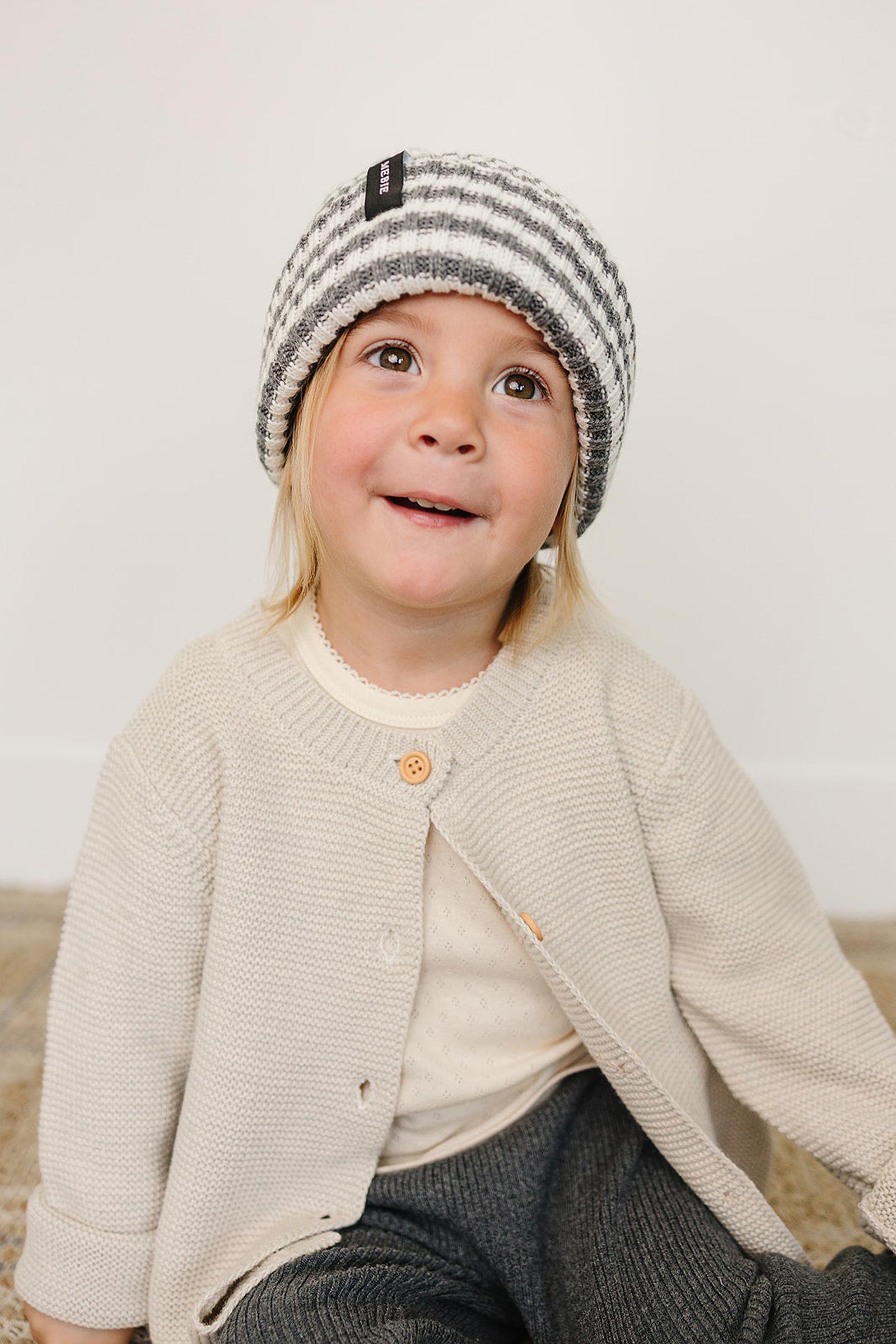 Grey & White Stripe Chunky Knit Beanie, 100% Angora Wool, Gender Neutral, Baby