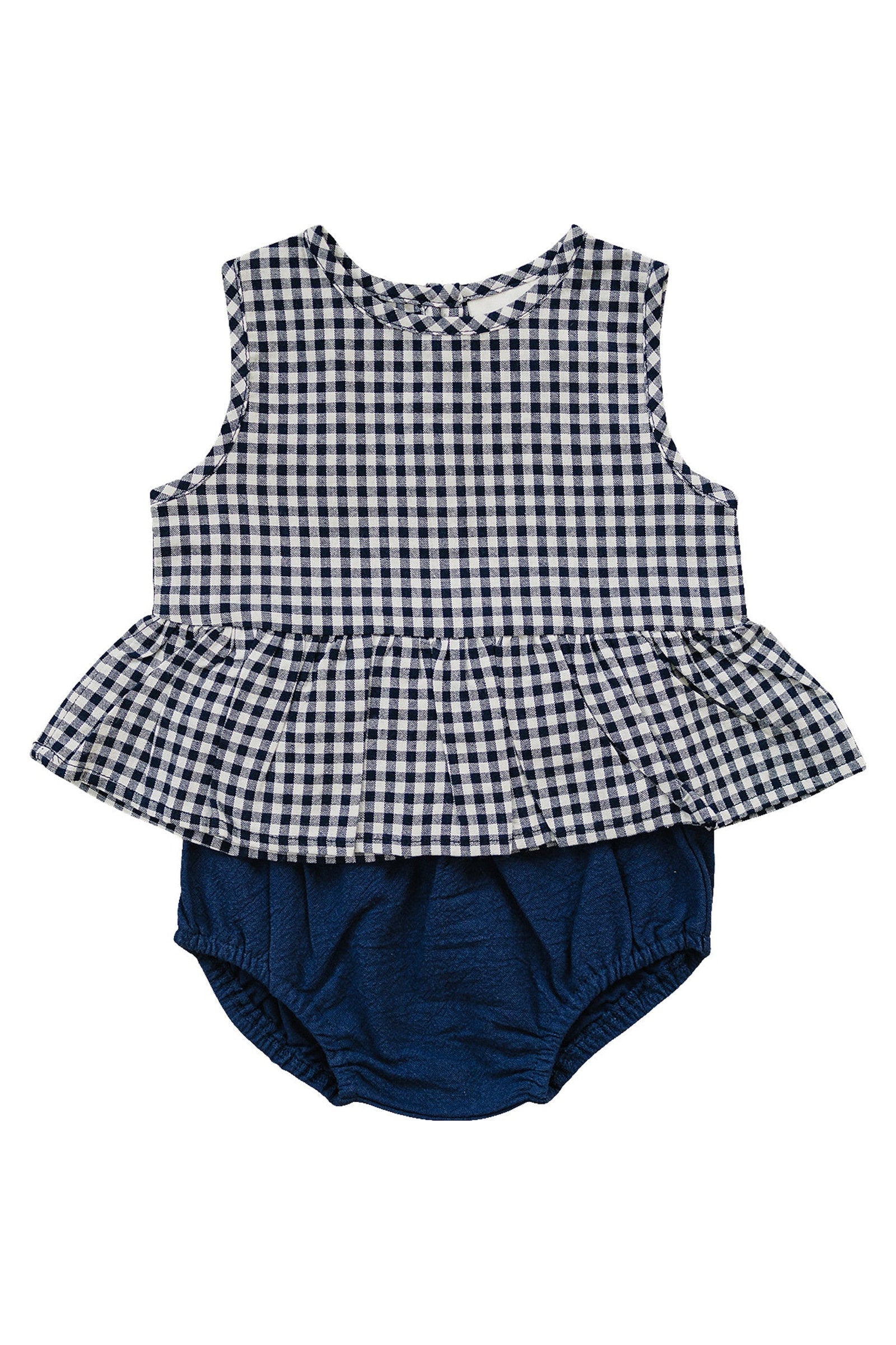 Baby Girl Navy Gingham Peplum Set, Linen/Cotton, Baby