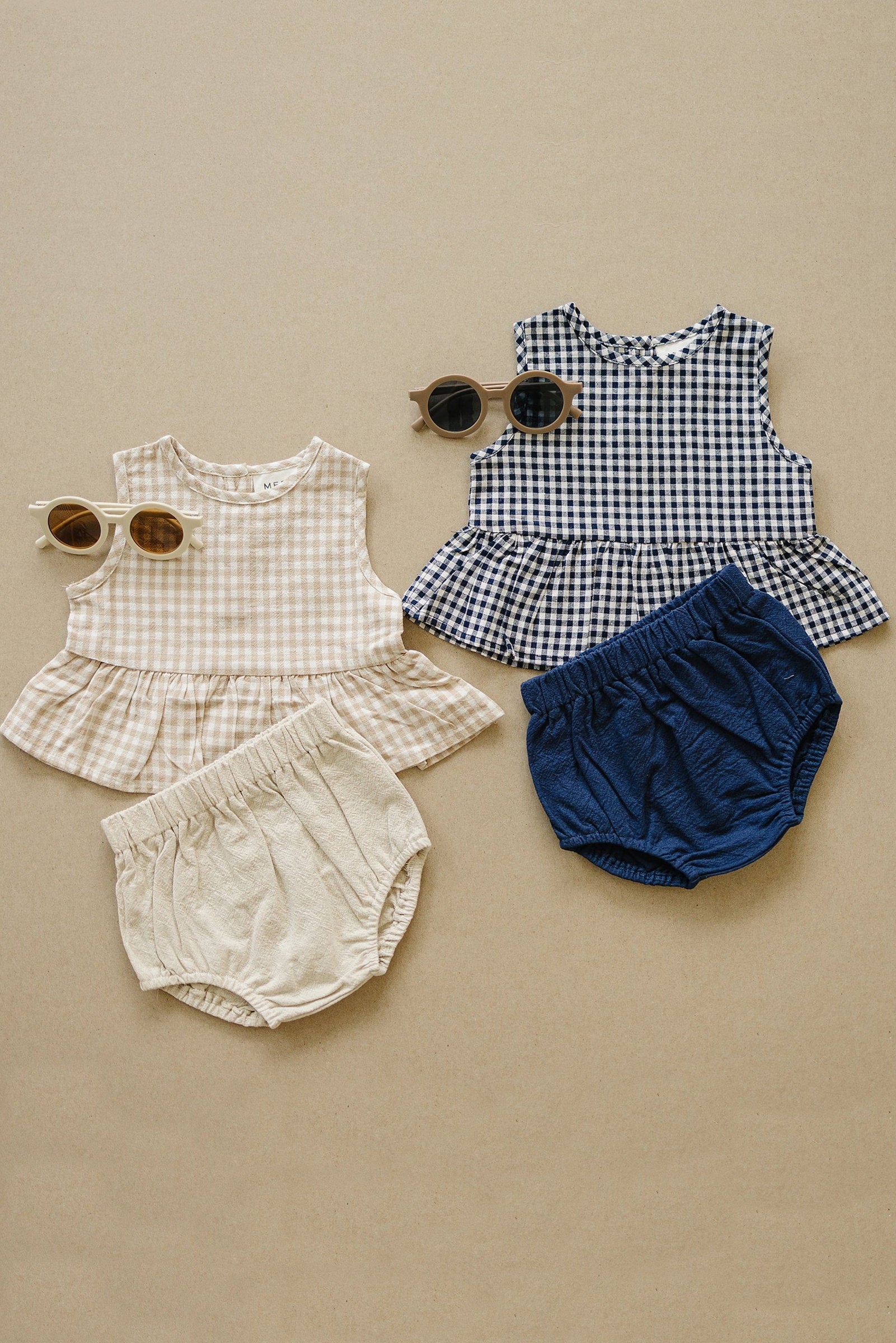 Baby Girl Navy Gingham Peplum Set, Linen/Cotton, Baby