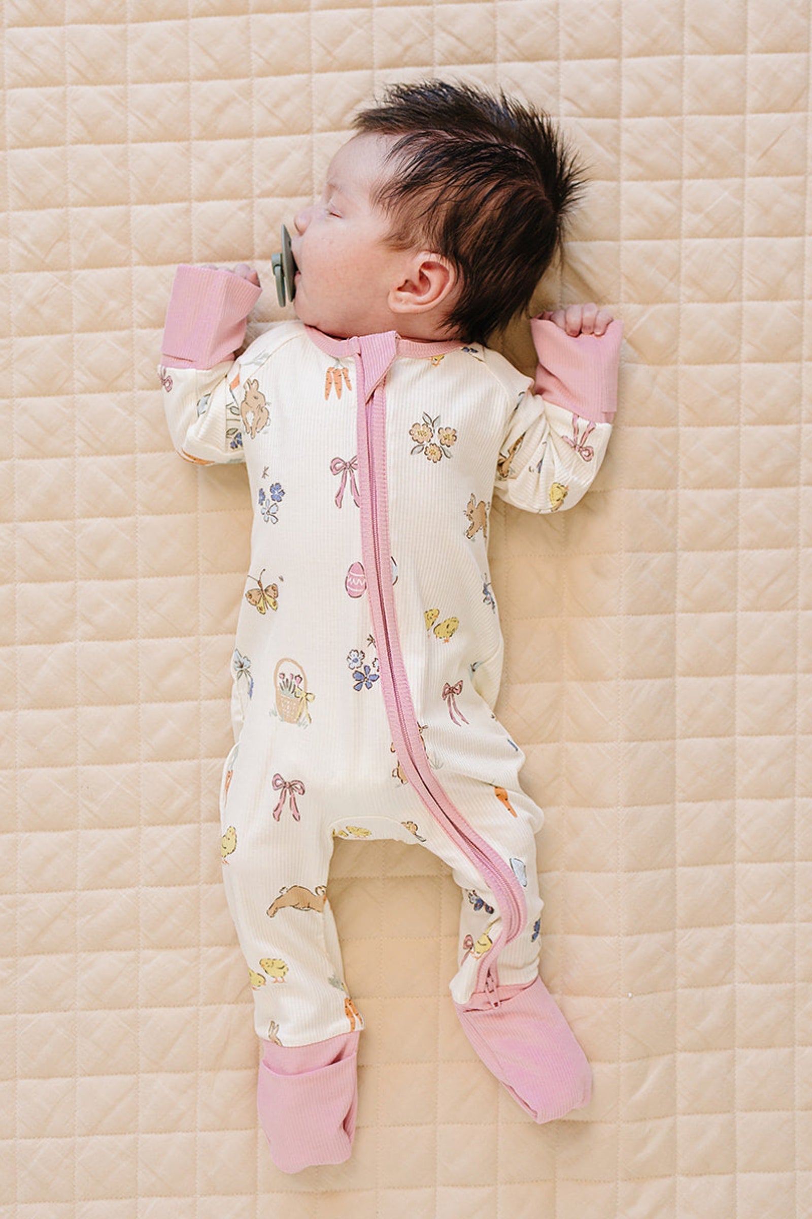 Pink Bunny Ribbed Bamboo Zipper Pajama for Baby Girls