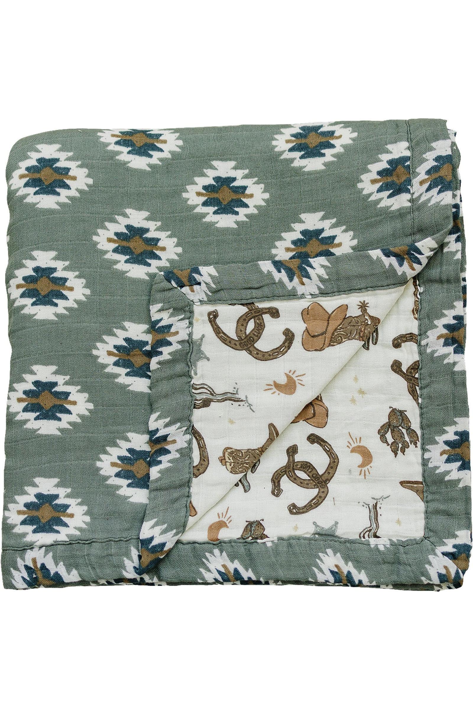 Southwest Aztec + Outlaw Cowboy Lightweight Muslin Crib Quilt, 100% Cotton, Neutral Colors, Gender Neutral, Baby