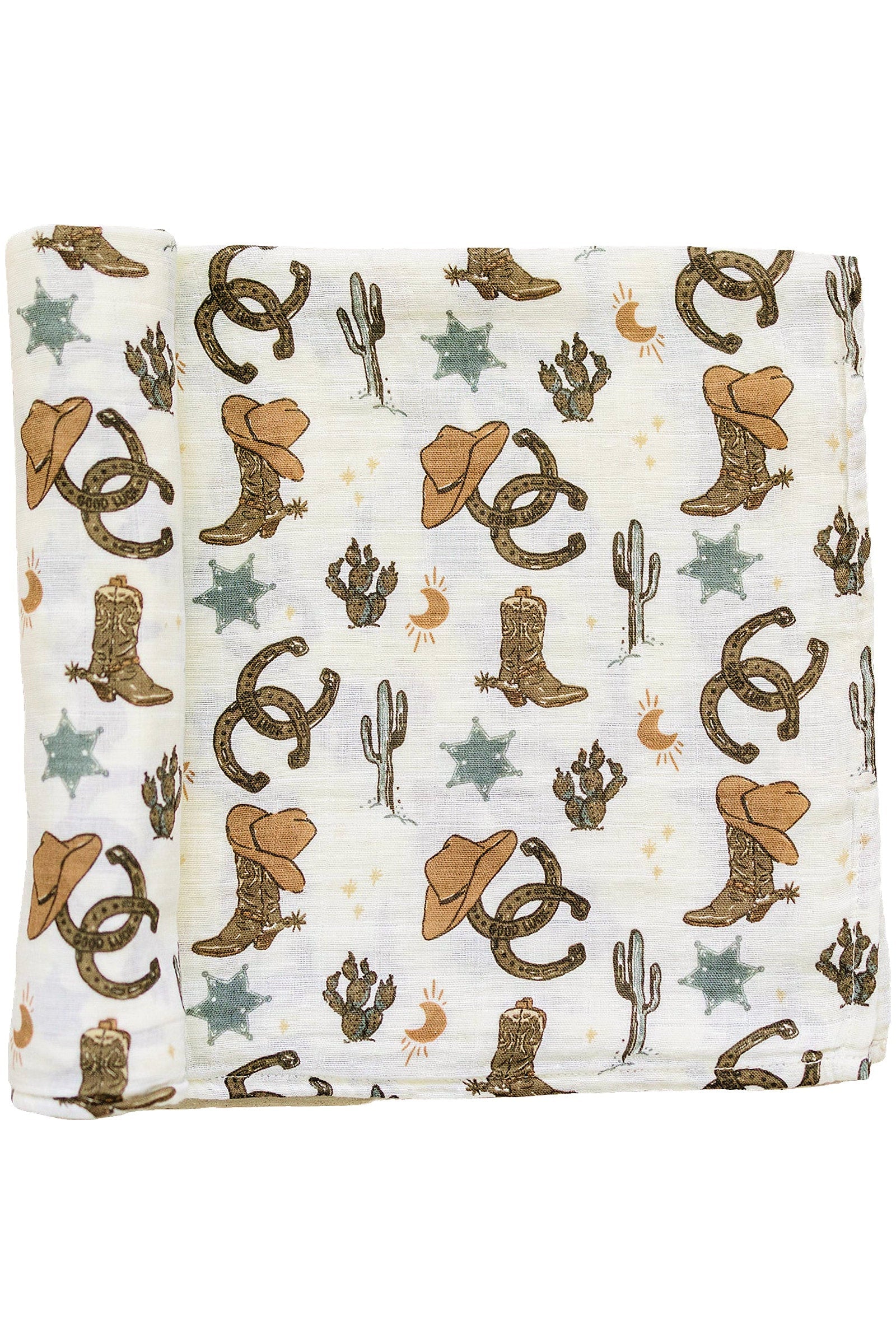 Outlaw Cowboy Muslin Swaddle Blanket, 100% Cotton, Rodeo Collection, Neutral Colors, Gender Neutral, Baby