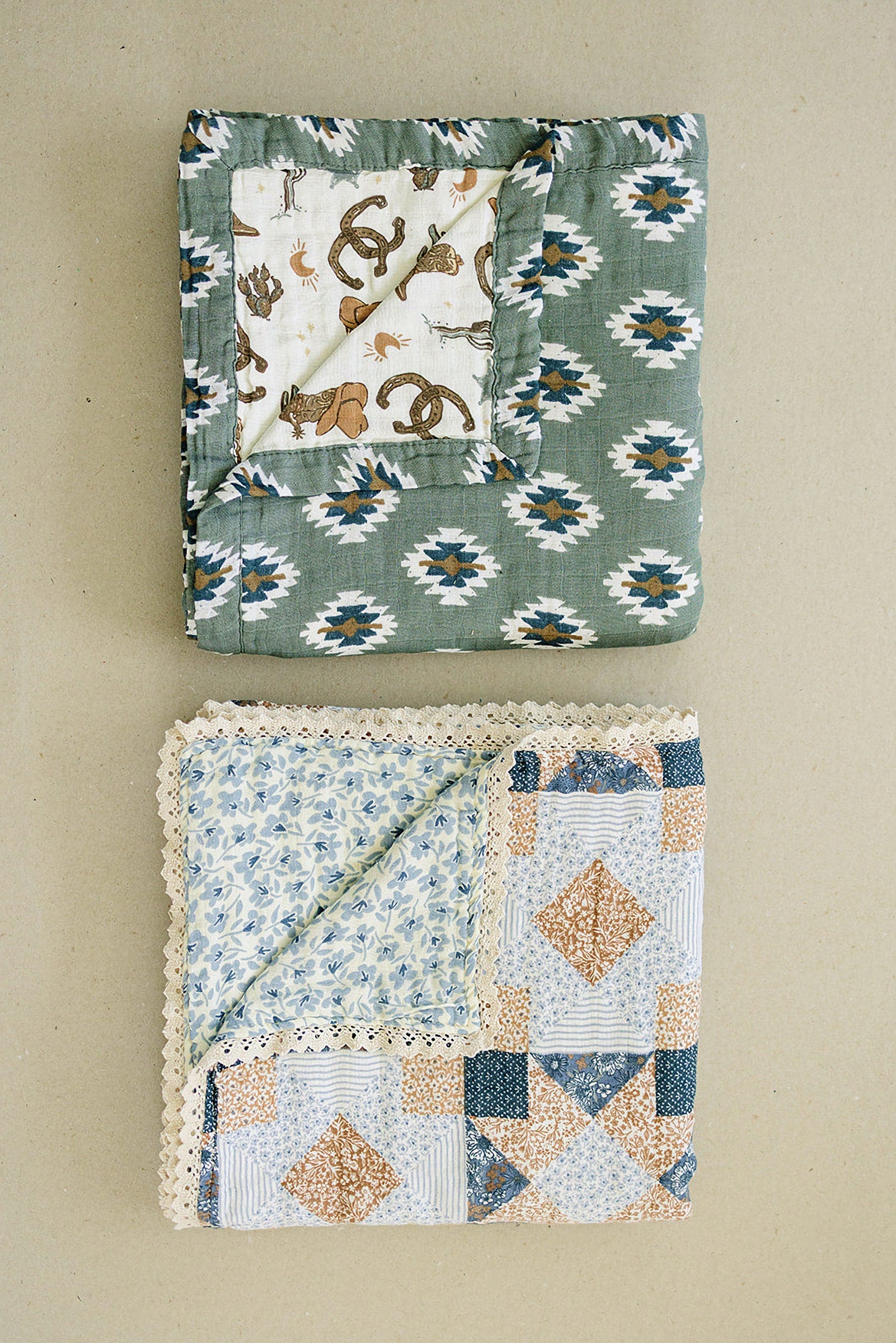 Southwest Aztec + Outlaw Cowboy Lightweight Muslin Crib Quilt, 100% Cotton, Neutral Colors, Gender Neutral, Baby