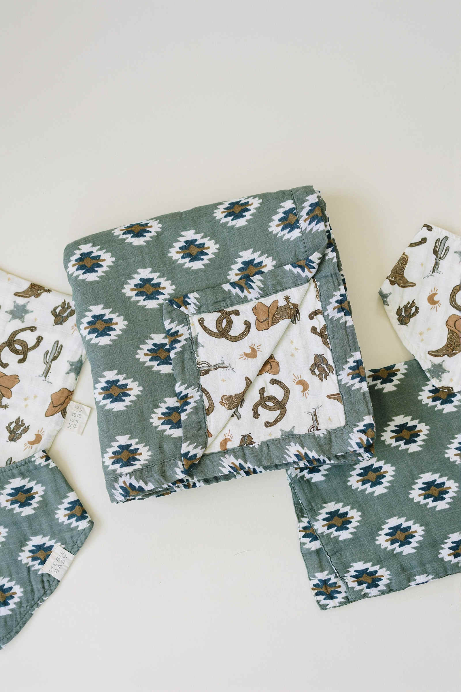 Southwest Aztec + Outlaw Cowboy Lightweight Muslin Crib Quilt, 100% Cotton, Neutral Colors, Gender Neutral, Baby