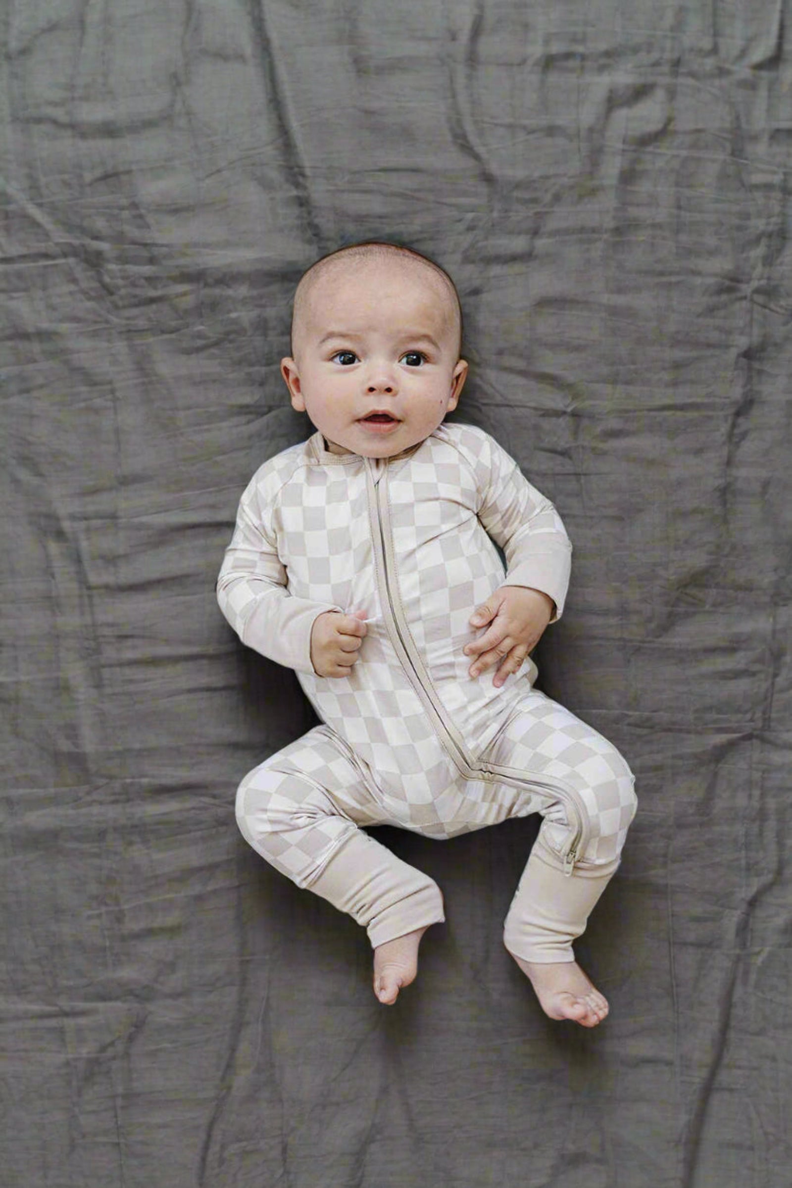 Taupe Checkered Zipper Pajama, Bamboo, Baby Essentials