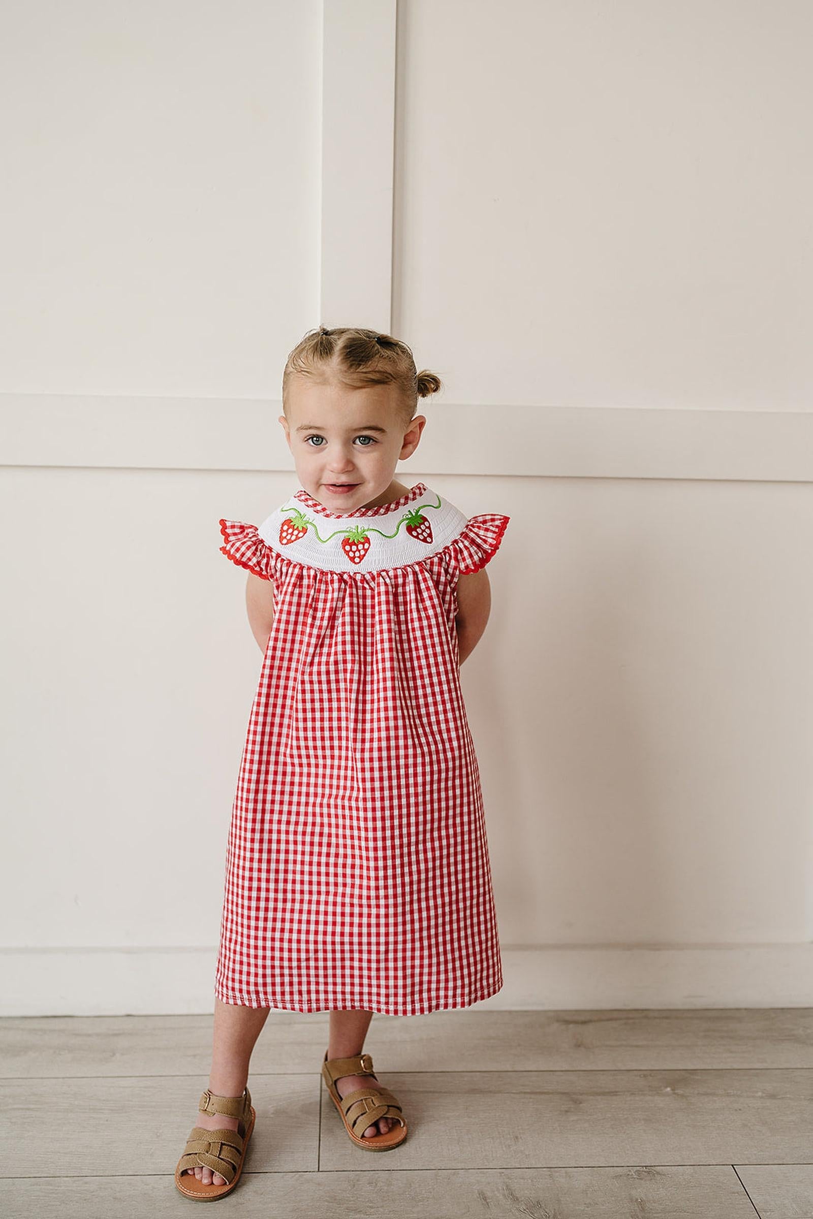 Gingham Strawberry Cotton Dress, Baby - Kids