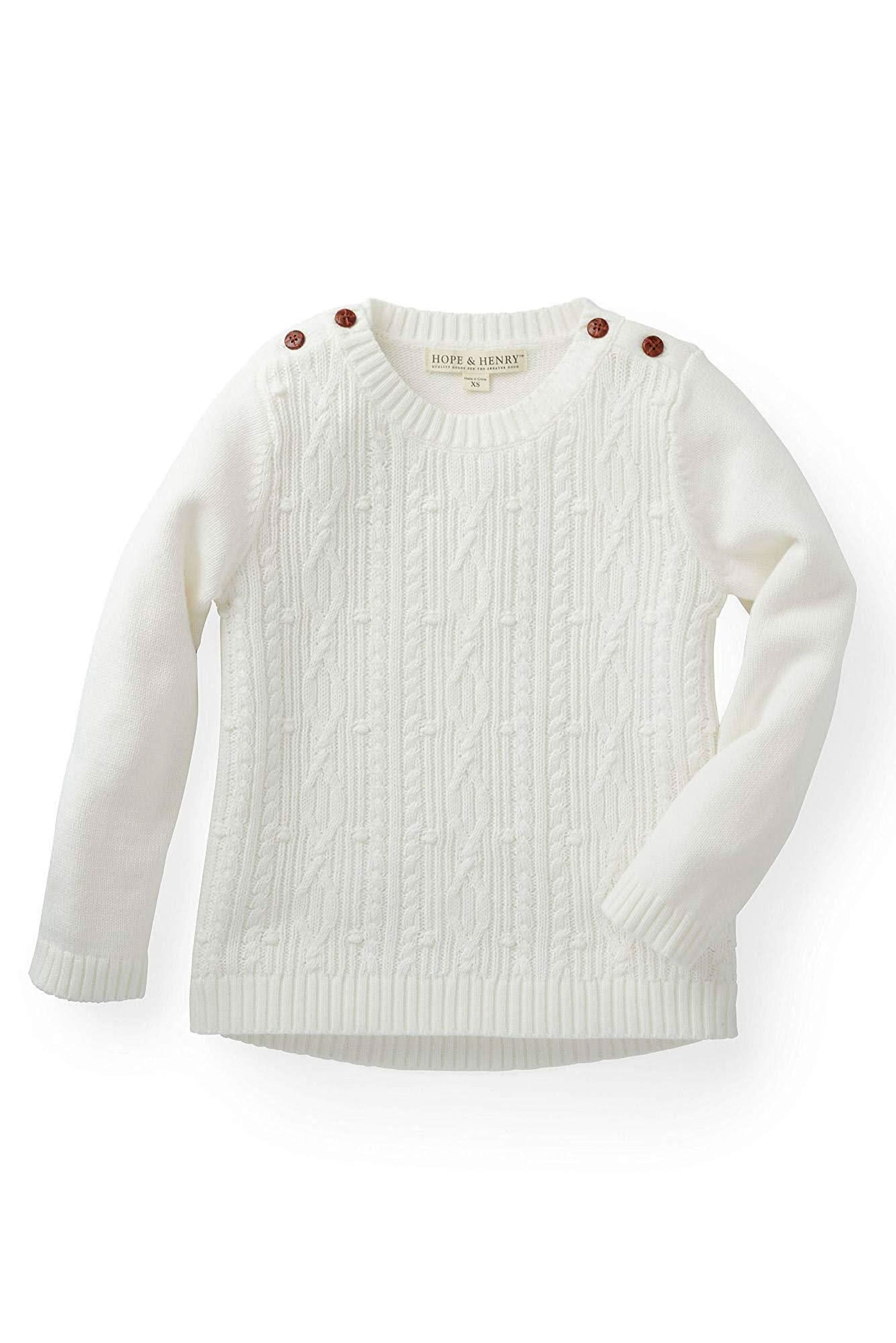 Organic Cotton Cable Knit Button Sweater for Girls, Soft White, Baby