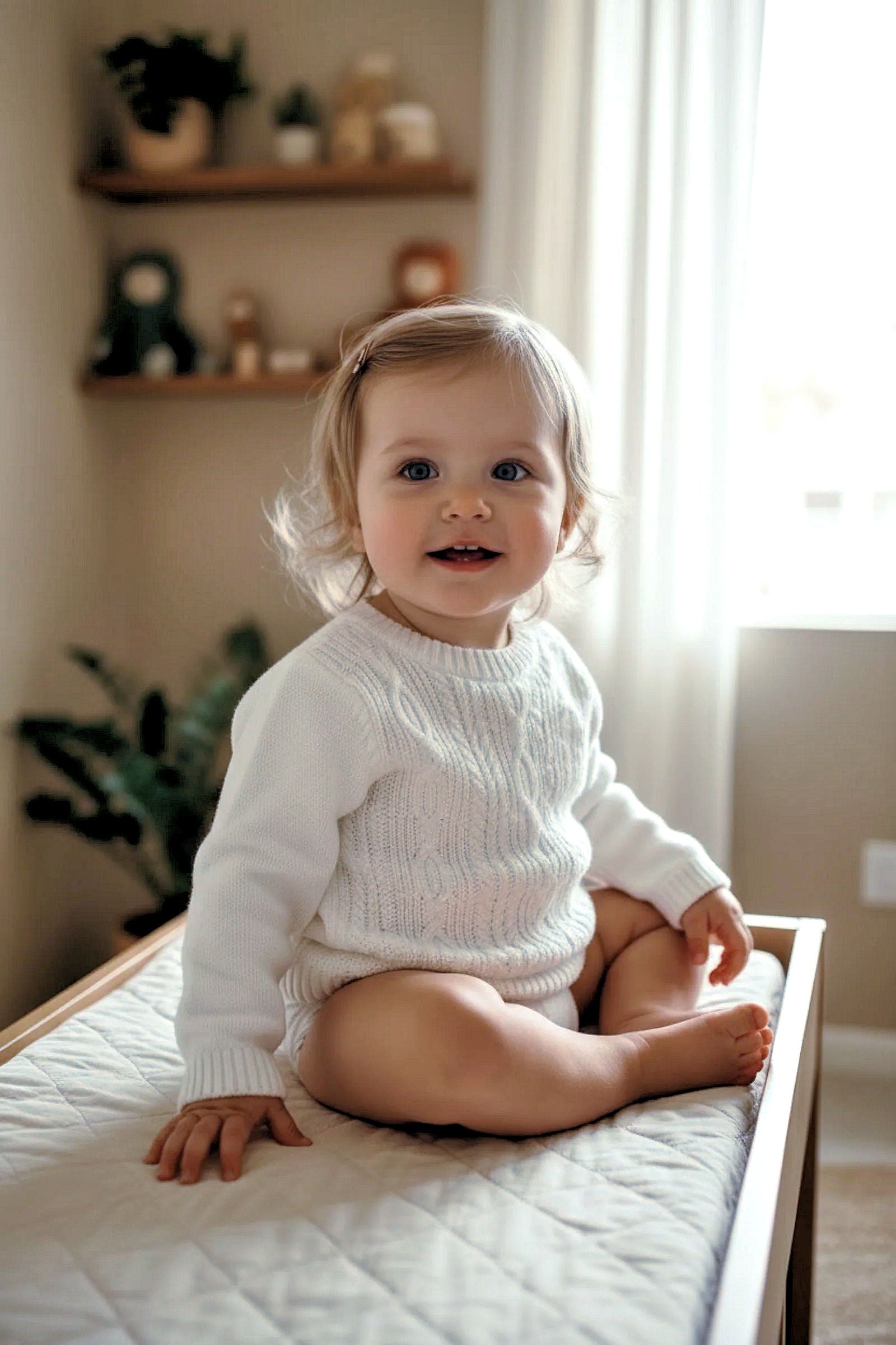 Organic Cotton Cable Knit Button Sweater for Girls, Soft White, Baby
