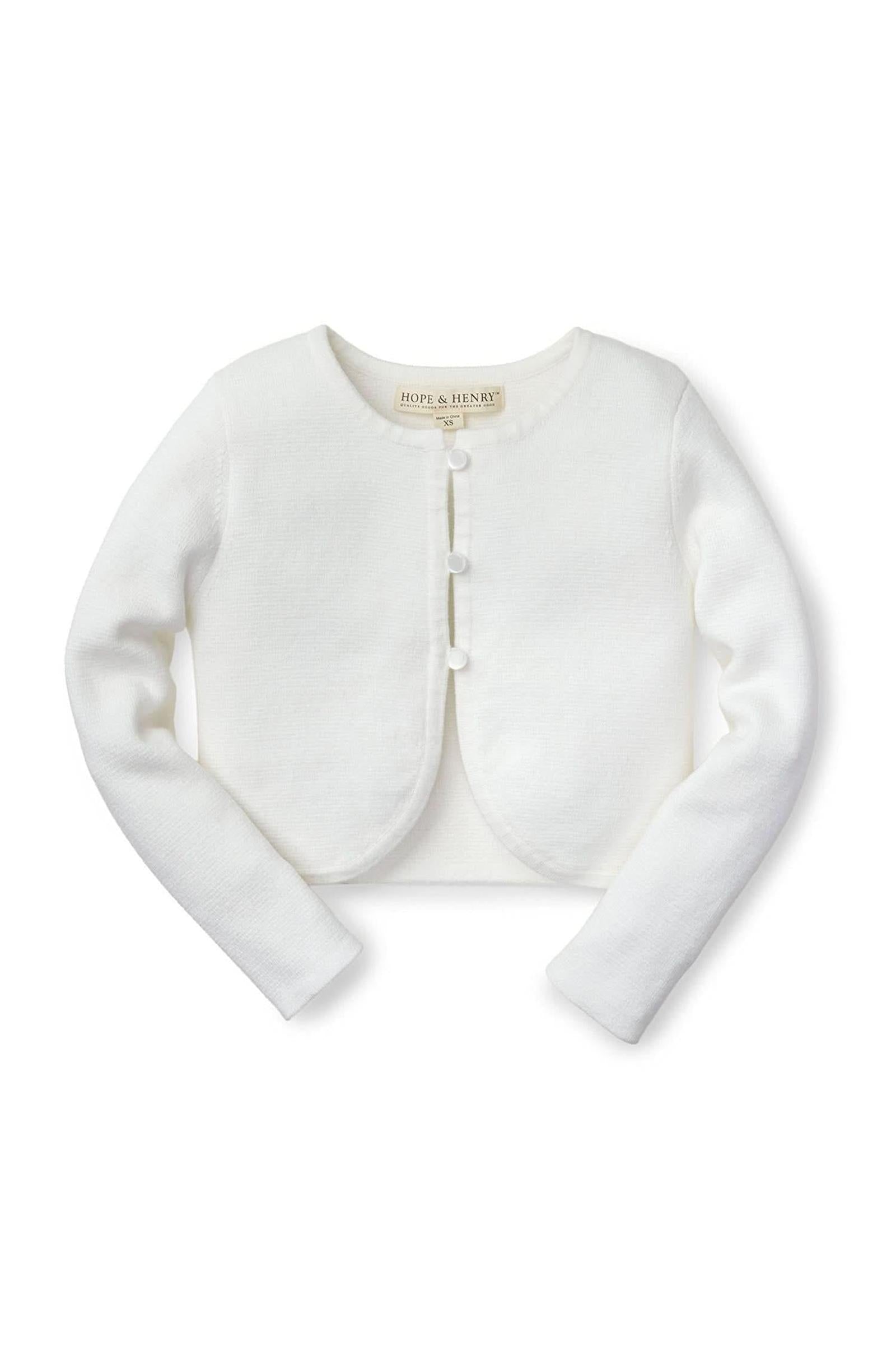 Organic Cotton Cropped Curved Hem Cardigan for Baby Girls, White
