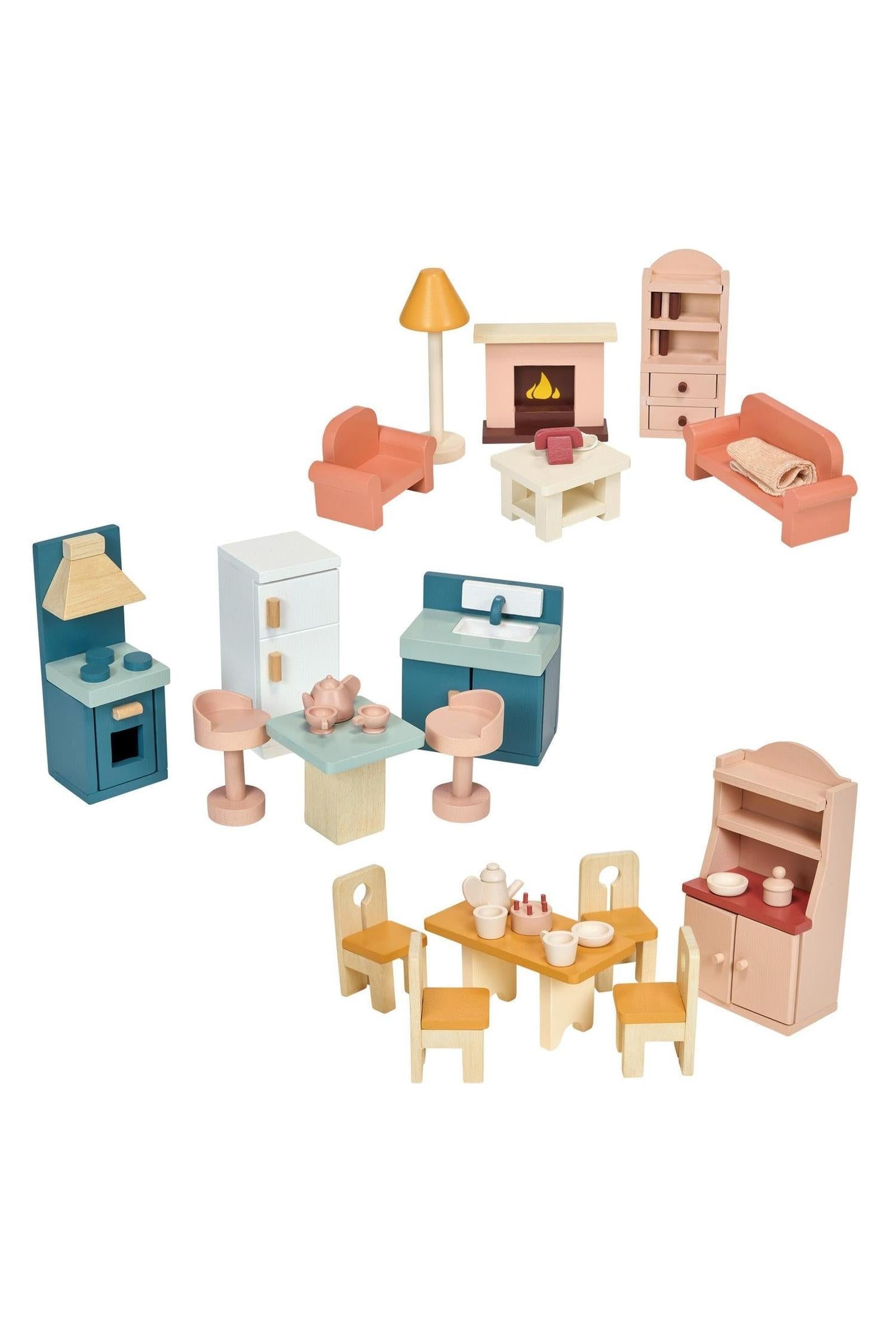 Dollhouse Downstairs Furniture Bundle, Wooden Living, Dining and Kitchen Set