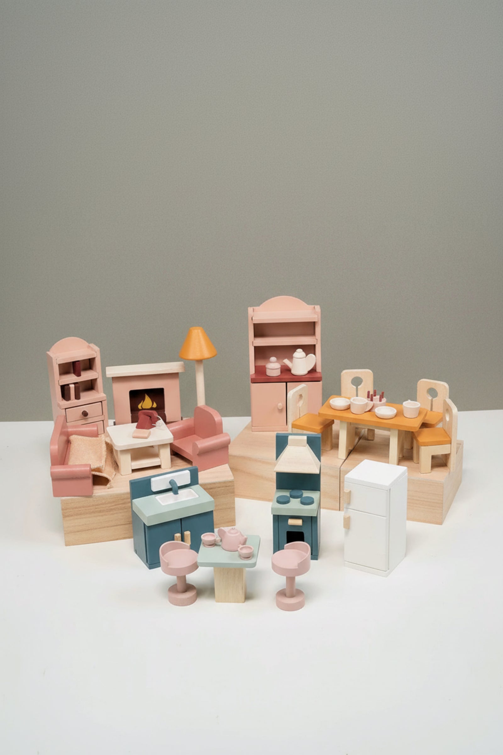 Dollhouse Downstairs Furniture Bundle, Wooden Living, Dining and Kitchen Set