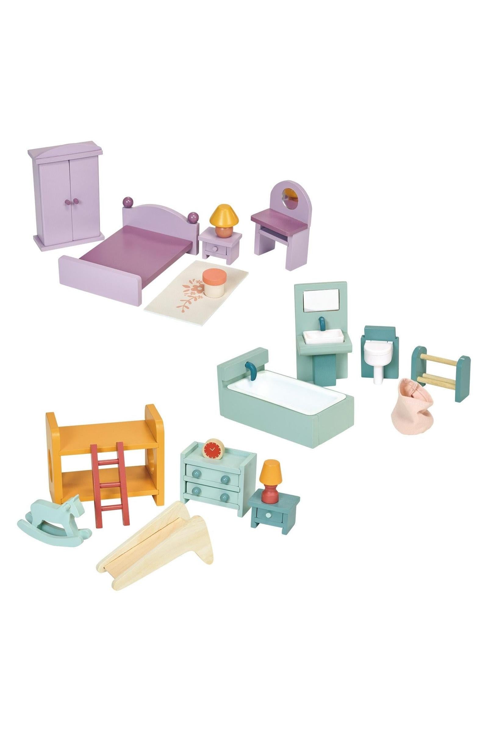 Dollhouse Upstairs Furniture Bundle, Playroom, Bedroom, Bathroom Sets