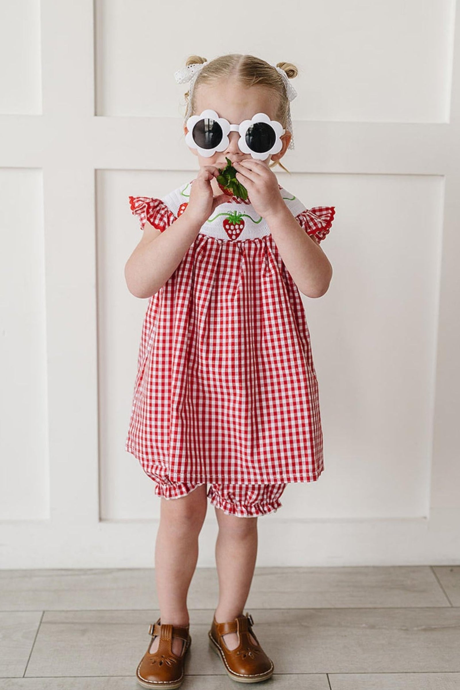 Gingham Strawberry Cotton Dress, Baby - Kids