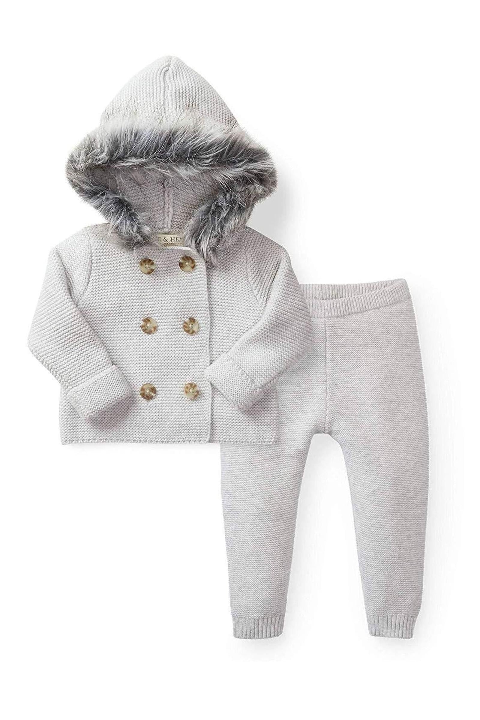 Organic Cotton Faux Fur Hooded Sweater & Pants Set for Babies, Light Gray